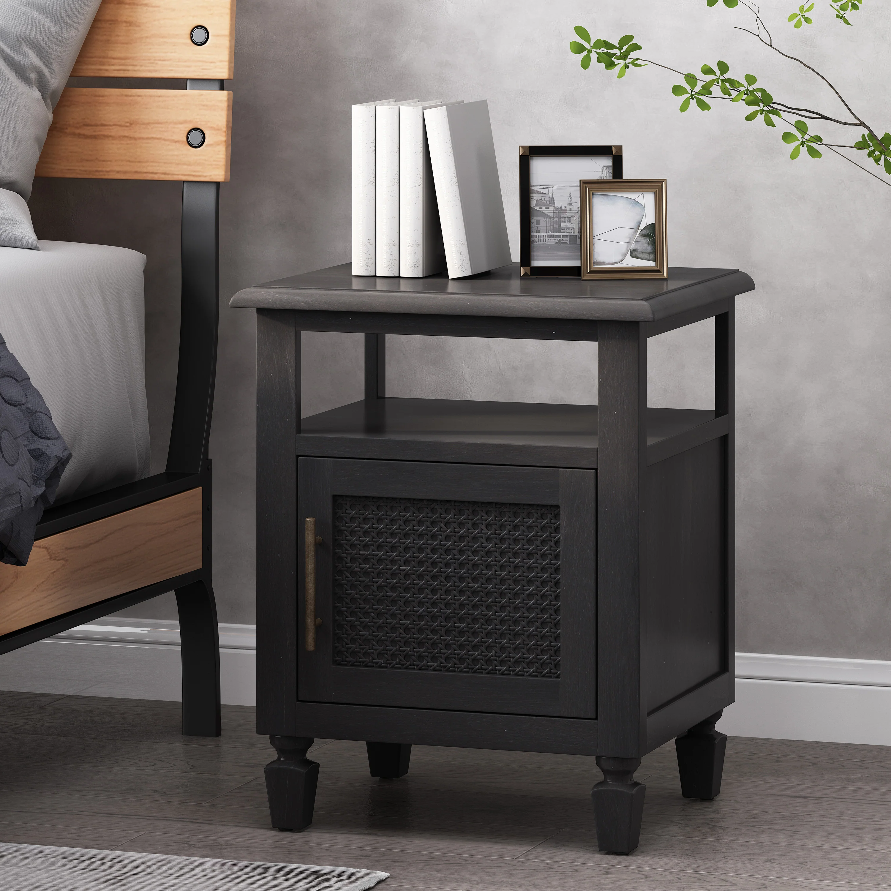 Lempster Rustic Acacia Wood and Cane Nightstand, Dark Gray - furnishings