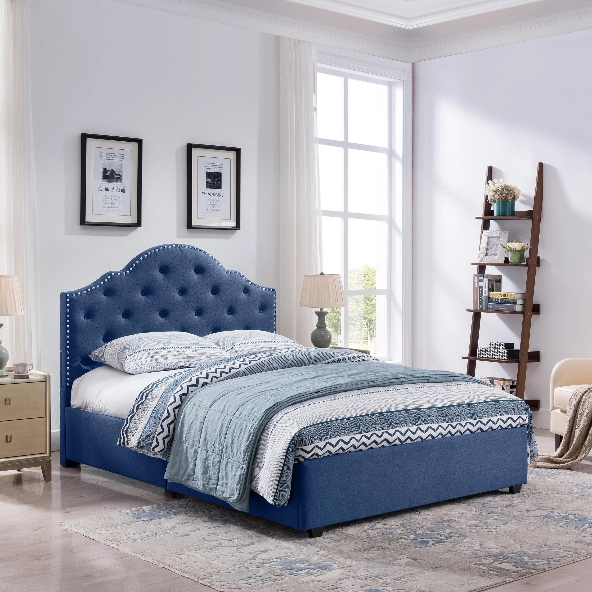 Gentry Contemporary Button-Tufted Camelback Queen Bed Frame with Nailhead Trim - furnishings