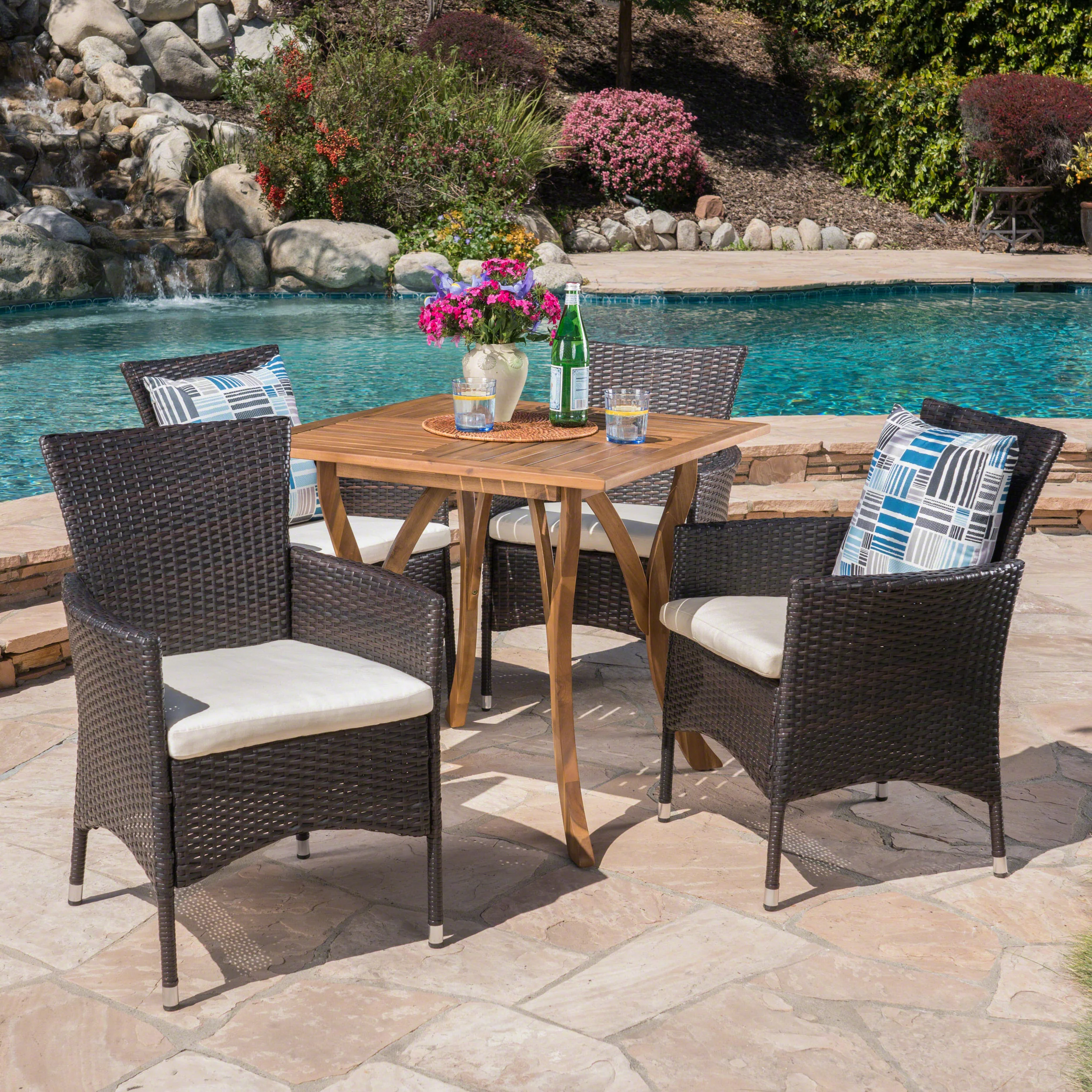 James Outdoor 5 Piece Acacia Wood/ Wicker Dining Set with Cushions, Teak Finish and Multibrown with Beige - furnishings