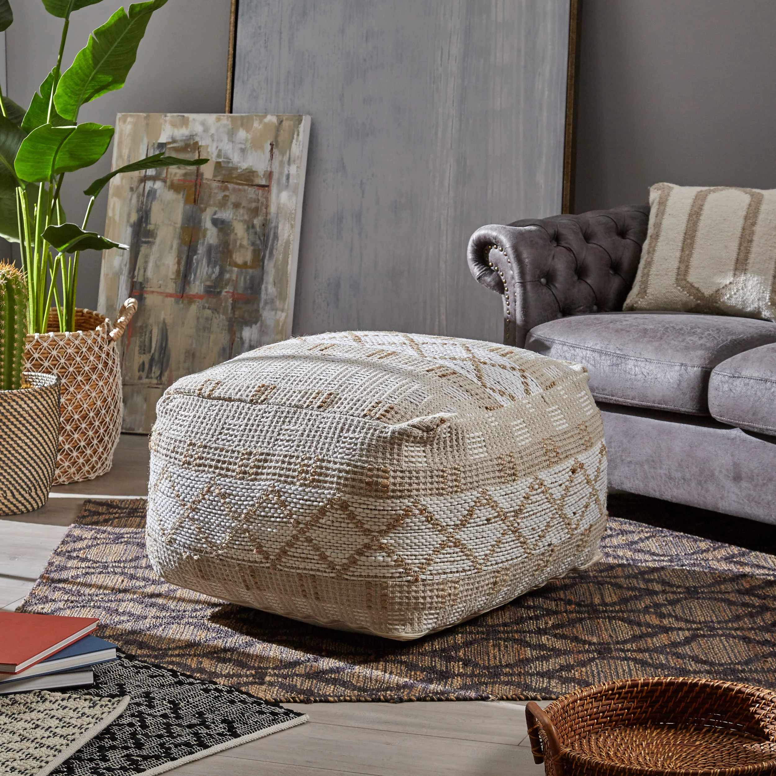 Mag Large Square Casual Pouf, Boho, Ivory Chindi and Hemp - furnishings