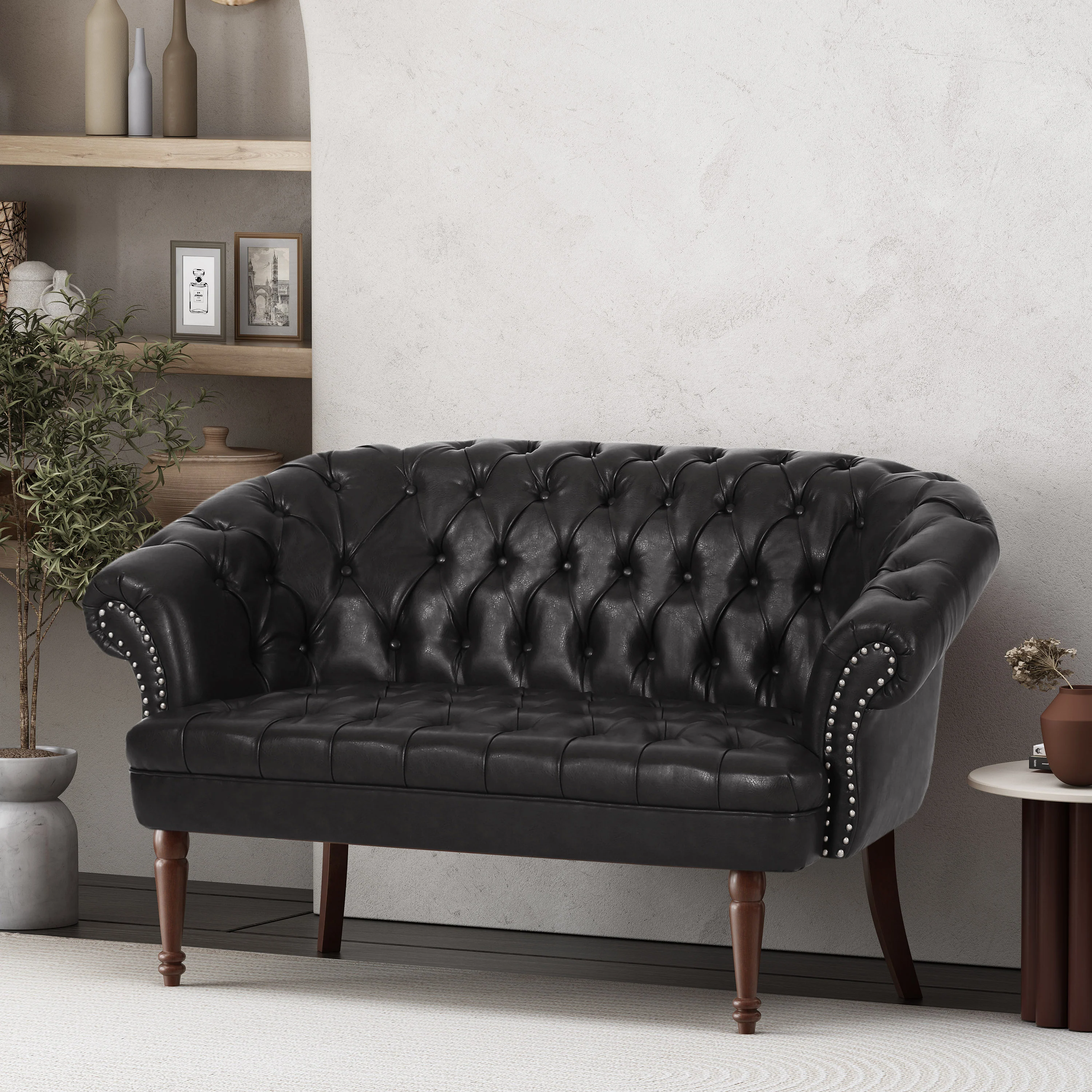 Trask Contemporary Leather Tufted Loveseat with Nailhead Trim - furnishings