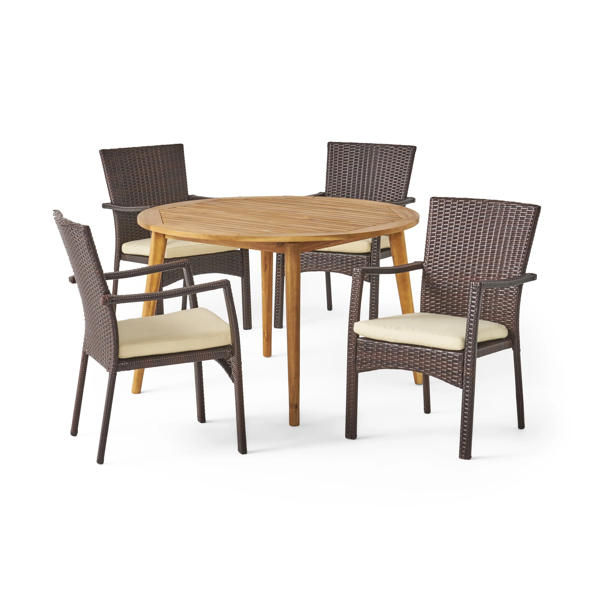 Hoff Outdoor Coastal 5 Piece Wicker Dining Set with Round Acacia Wood Table - furnishings