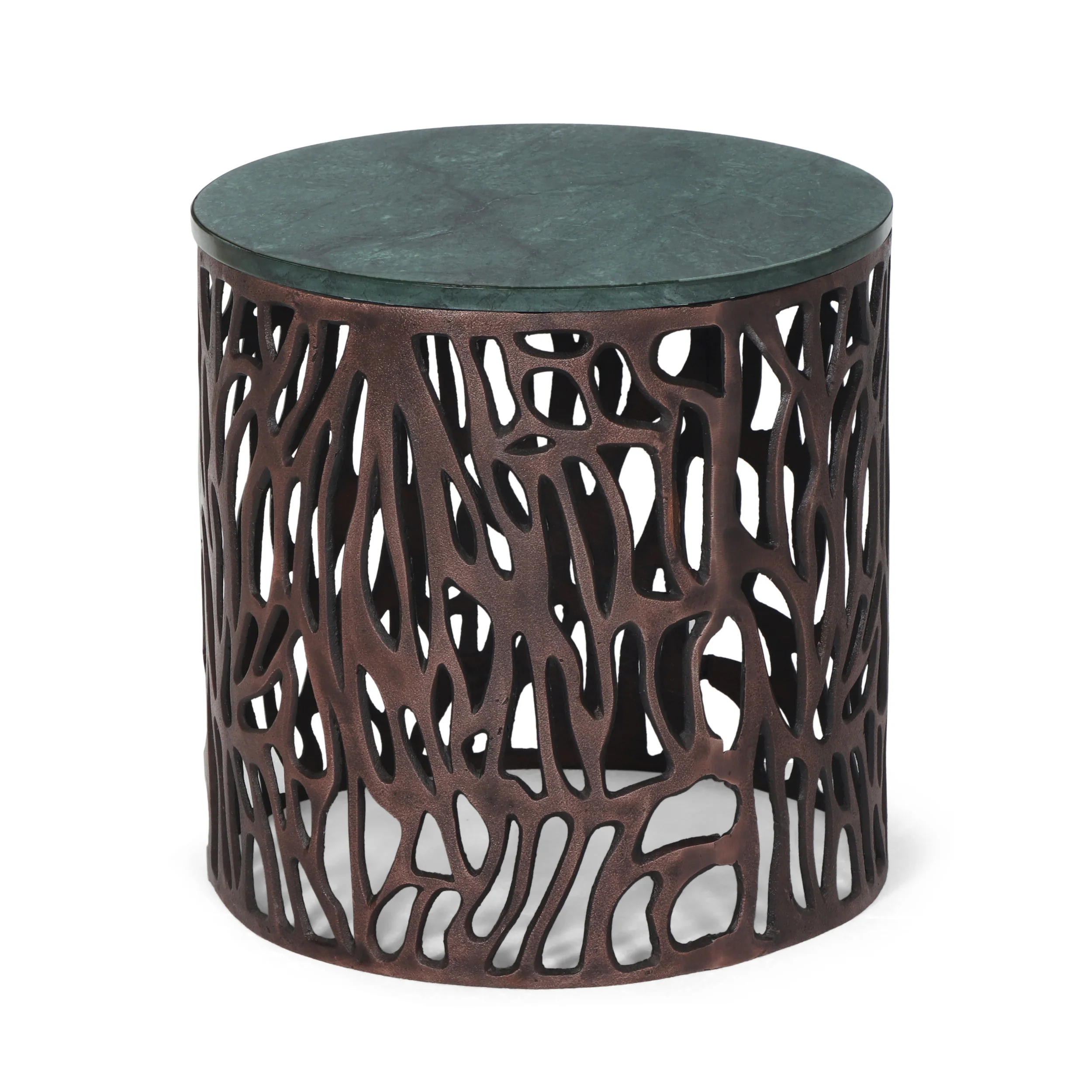 Glenmont Boho Handcrafted Aluminum Side Table with Marble Top, Green and Bronze - furnishings