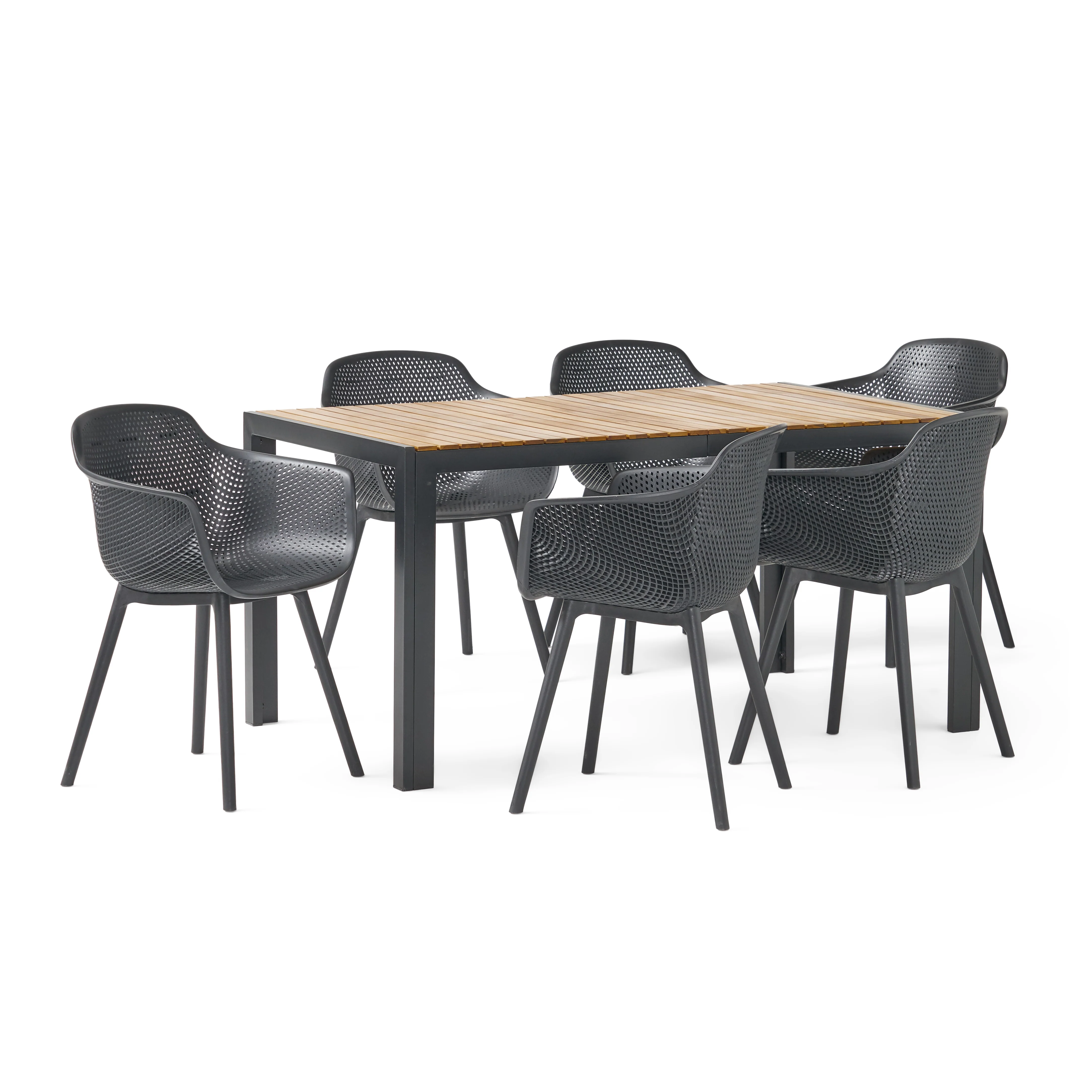 Miramar Outdoor Wood and Resin 7 Piece Dining Set, Black and Teak - furnishings