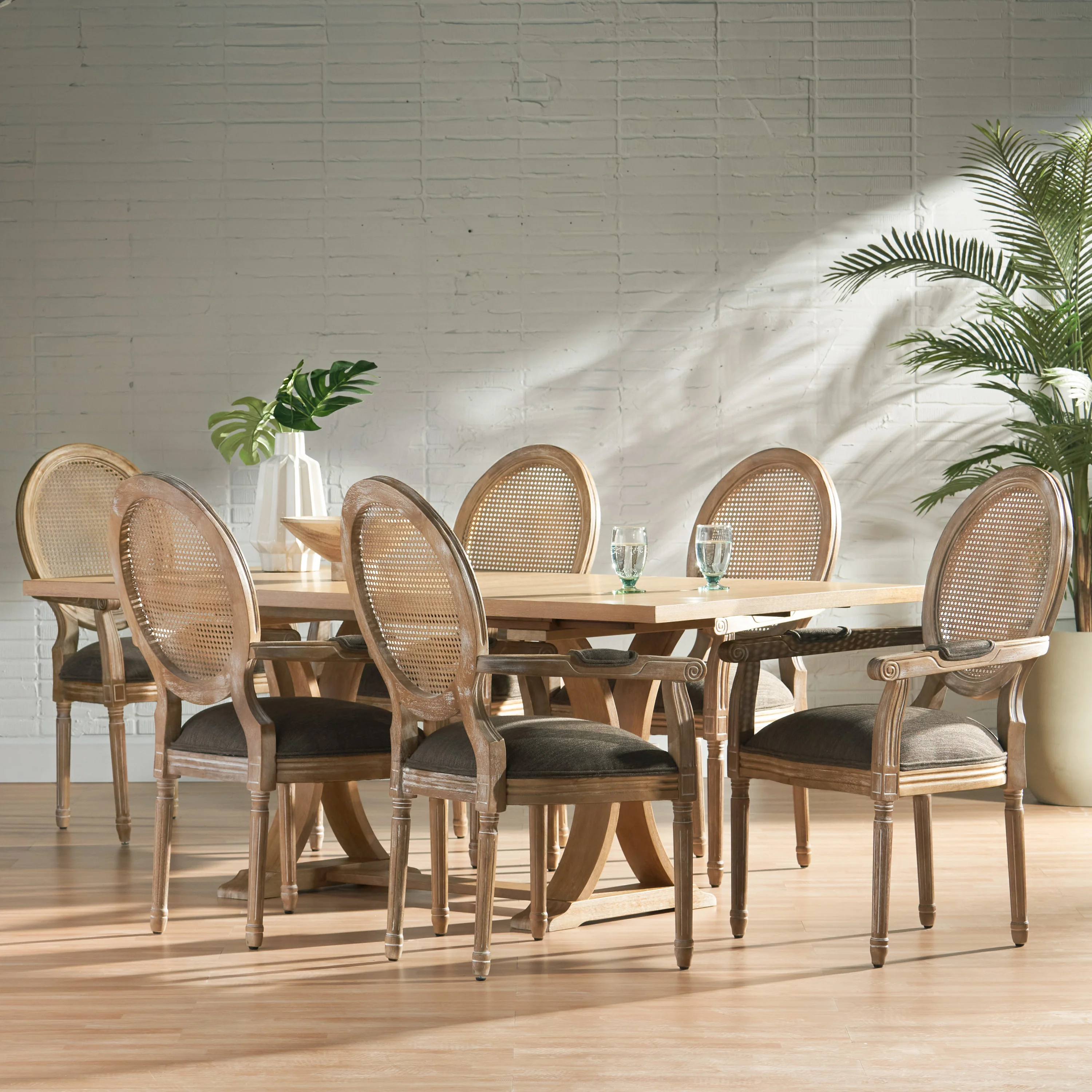 Ismay French Country Wood and Cane 7-Piece Expandable Dining Set - furnishings