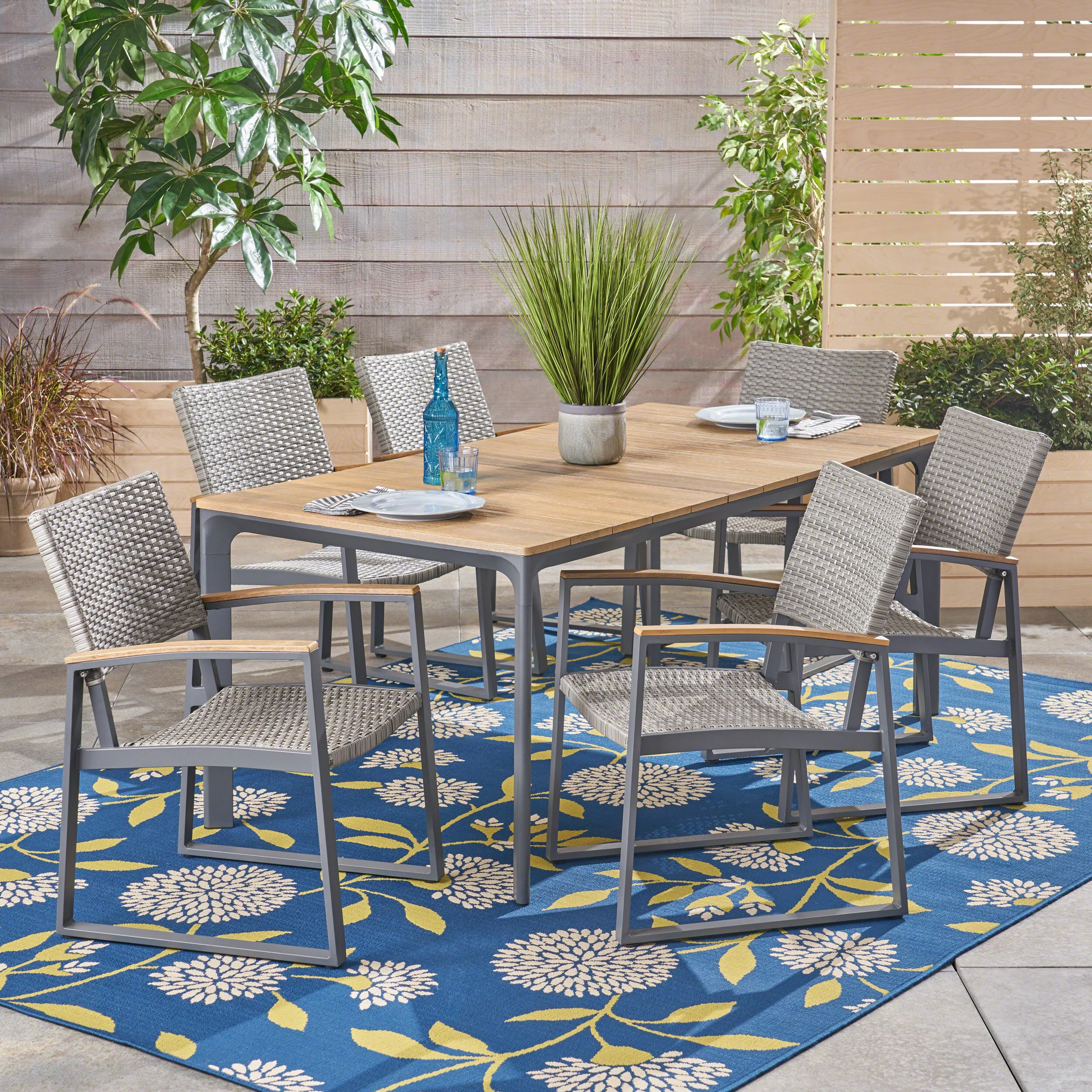 Jace Outdoor 7 Piece Aluminum & Wood Dining Set - furnishings