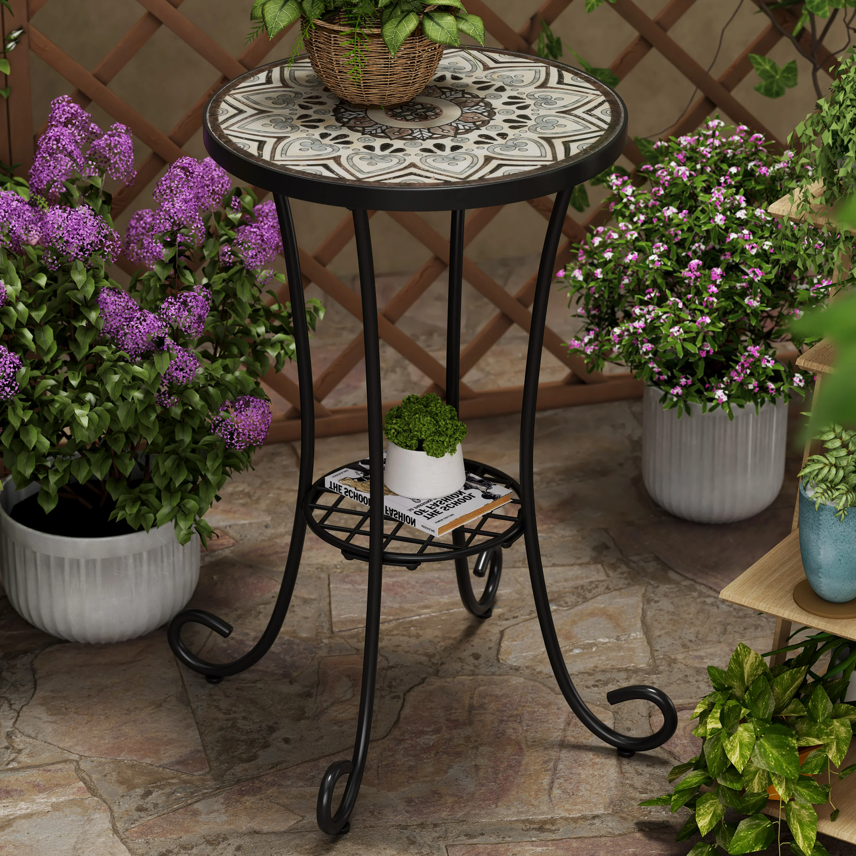 Eulalie Outdoor Patio Round Side Table with Shelf - furnishings