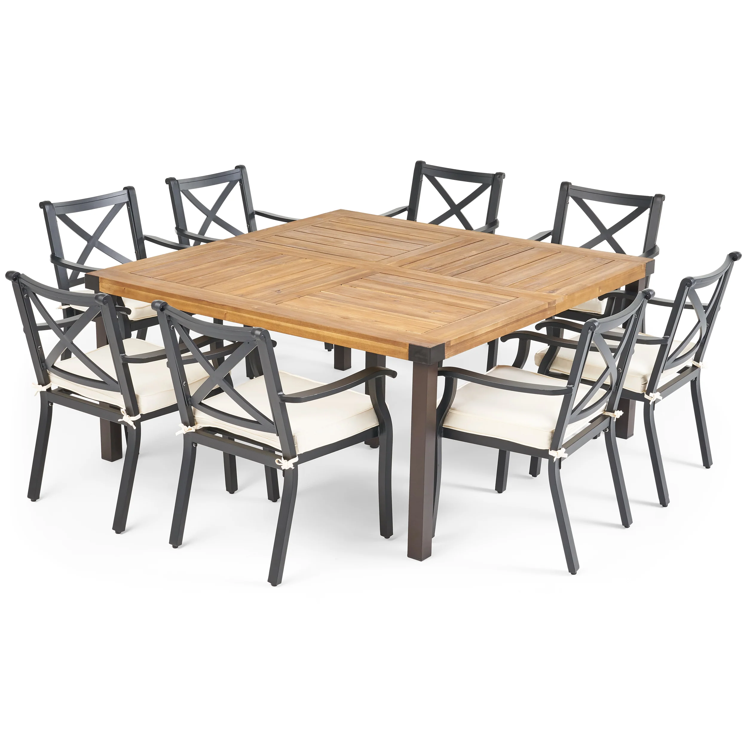Toula Outdoor 8 Seater Acacia Wood and Cast Aluminum Dining Set with Cushions - furnishings