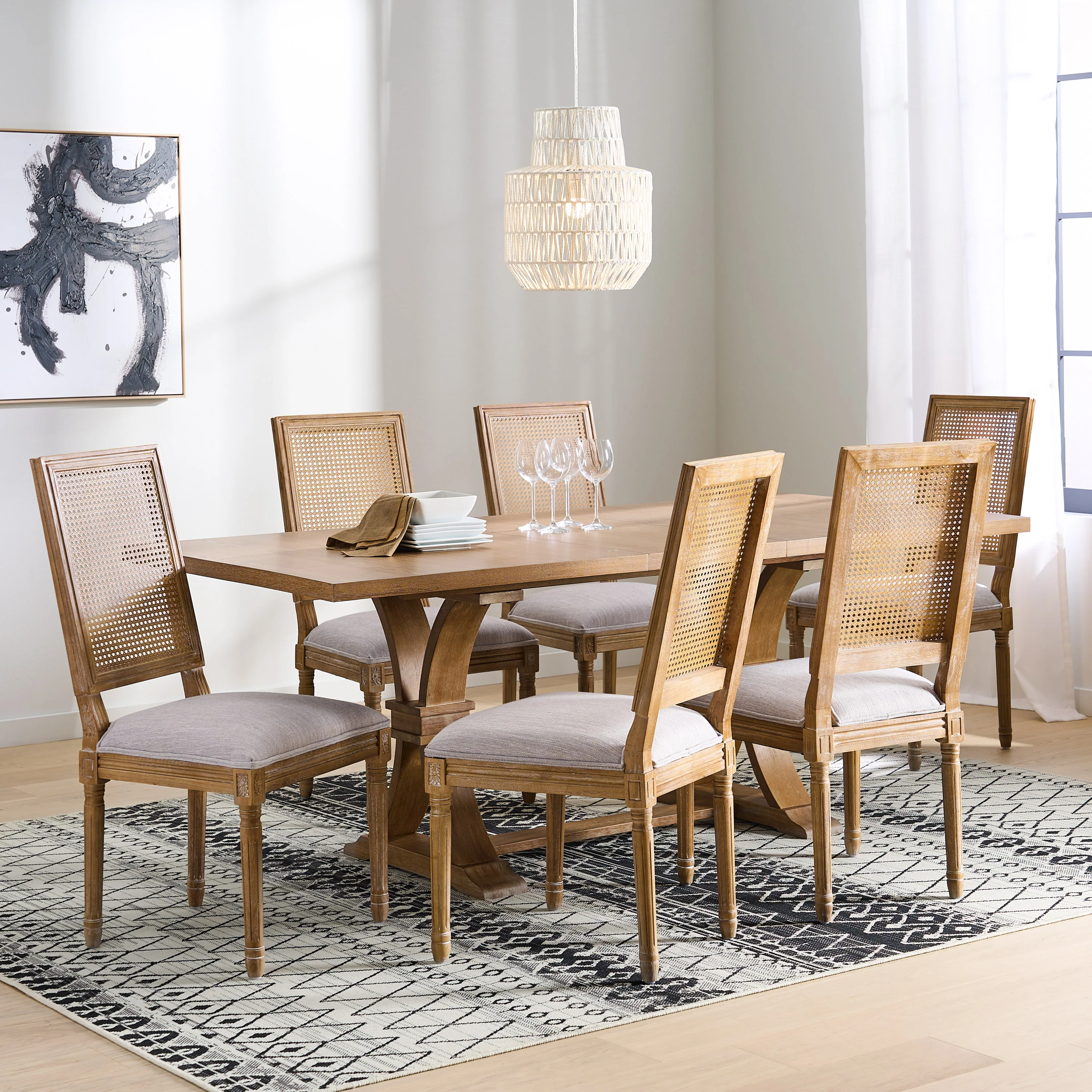 Brownell French Country Wood and Cane 7-Piece Expandable Dining Set - furnishings