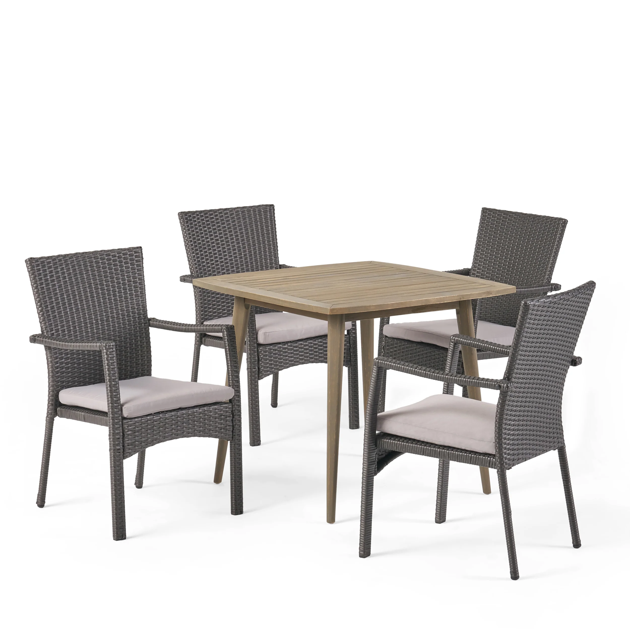Leah Outdoor Coastal 5 Piece Wicker Dining Set with Slat-Top Acacia Wood Table - furnishings