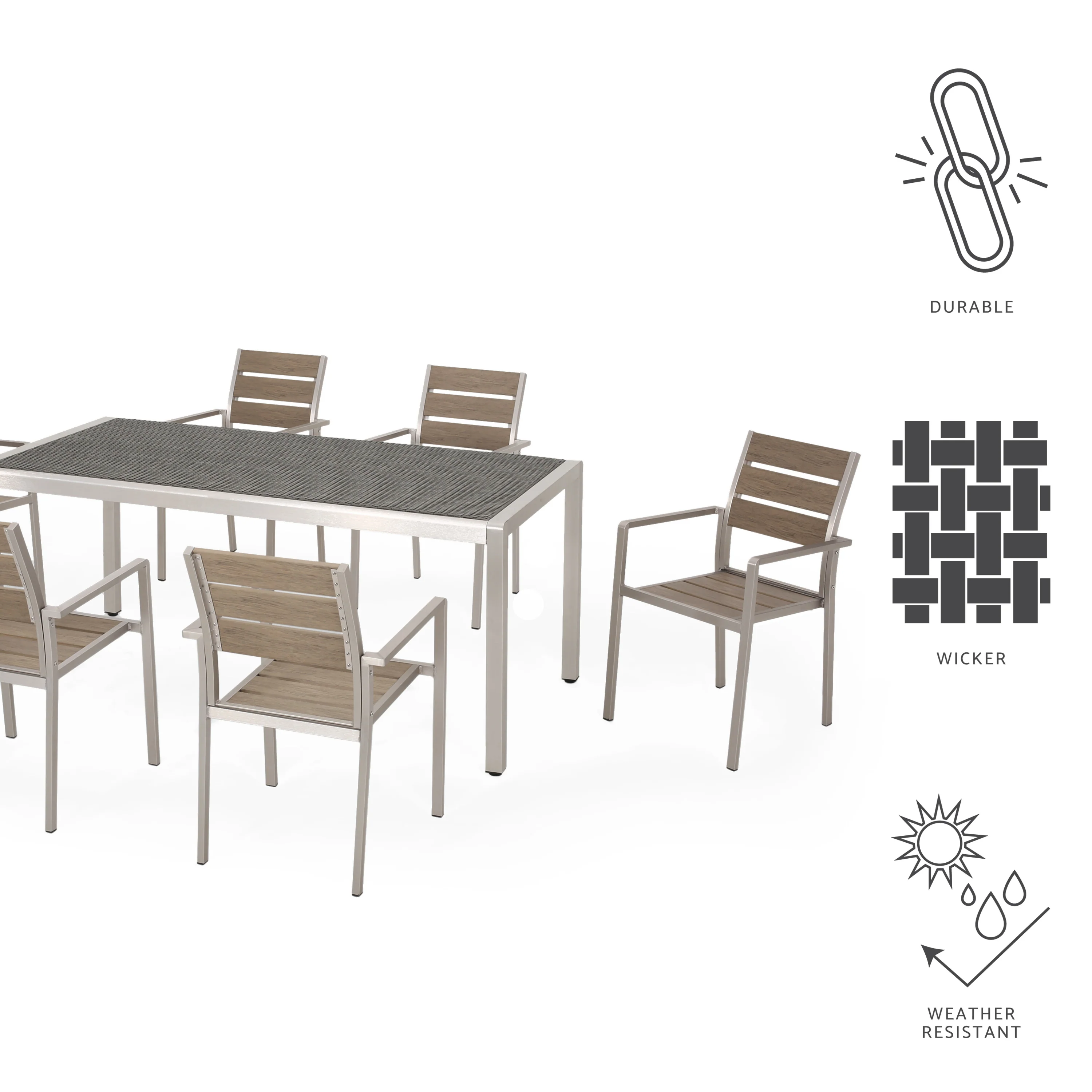 Cherie Outdoor Modern Aluminum 6 Seater Dining Set with Faux Wood Seats - furnishings