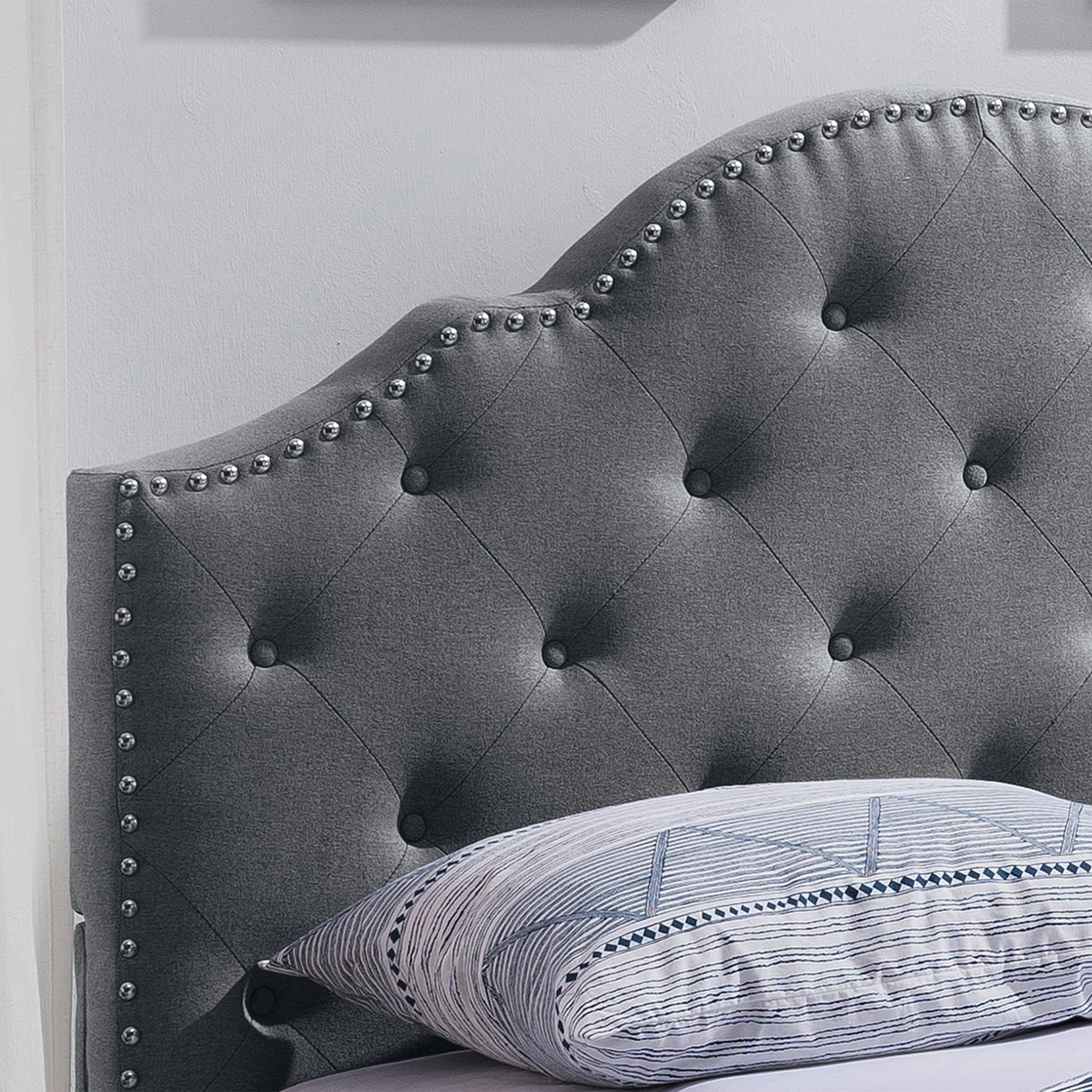 Gentry Contemporary Button-Tufted Camelback Queen Bed Frame with Nailhead Trim - furnishings