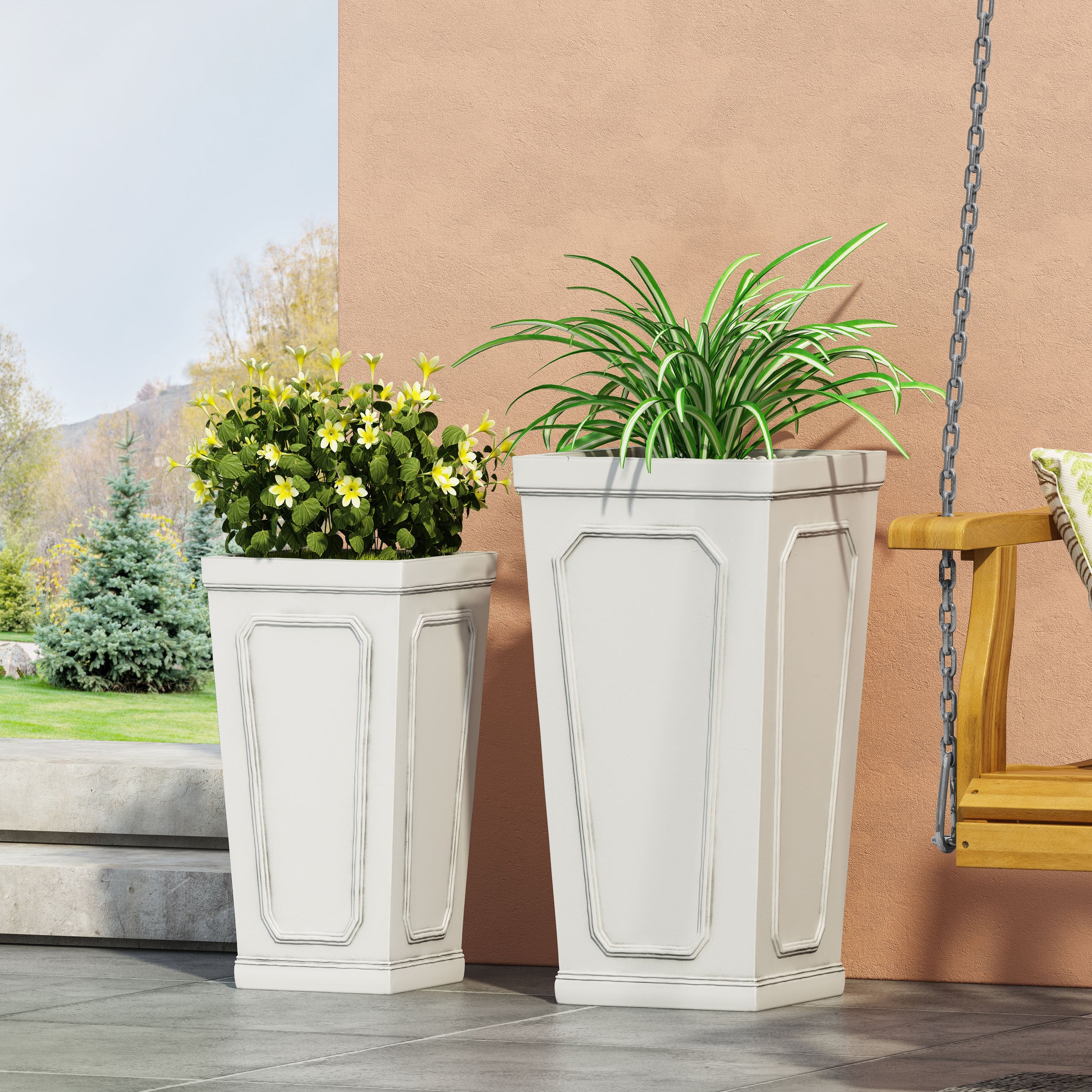 Greg Outdoor Medium and Large Cast Stone Tapered Planter Set, Antique White - furnishings