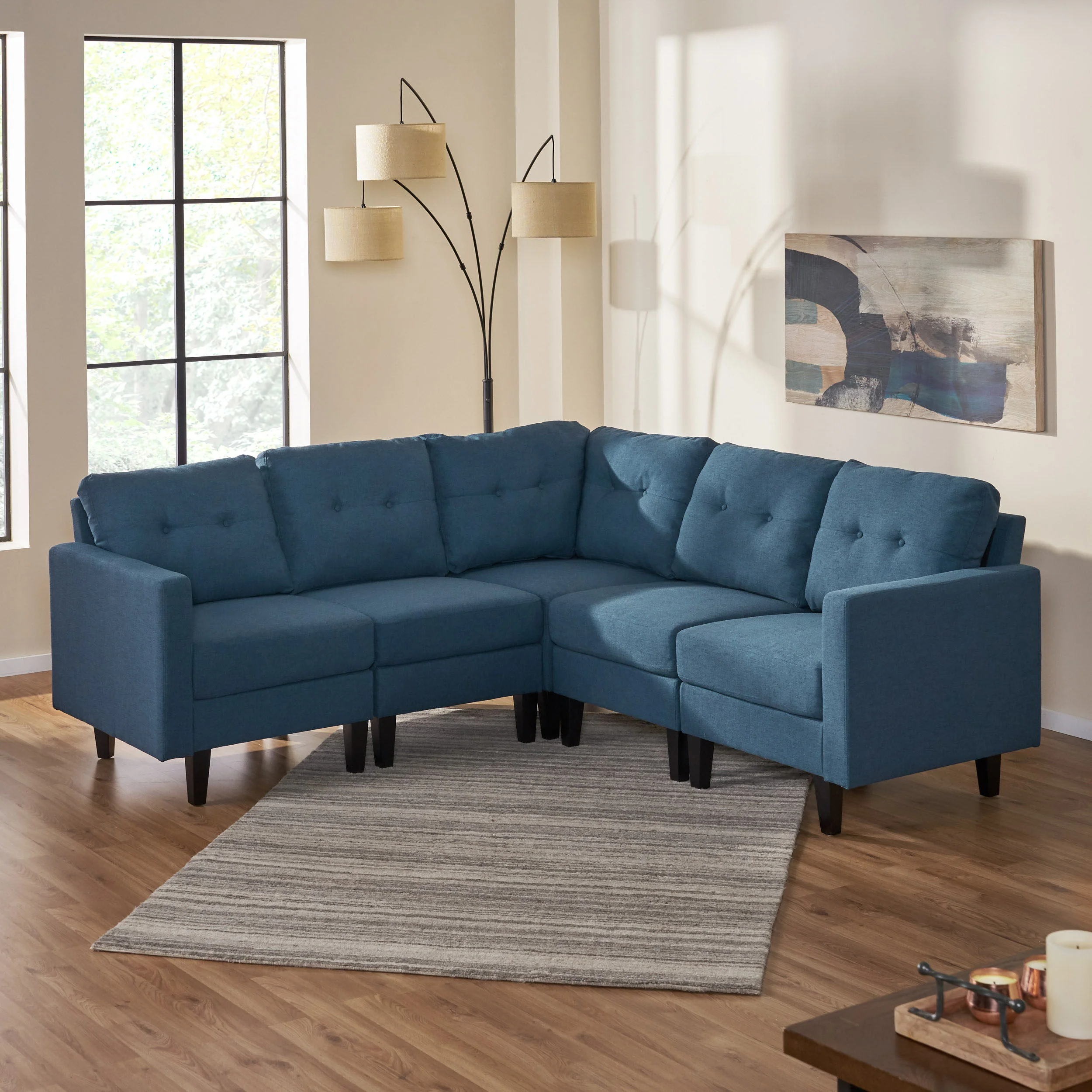 Niya Mid Century Modern 5 Piece Fabric Sectional Sofa - furnishings