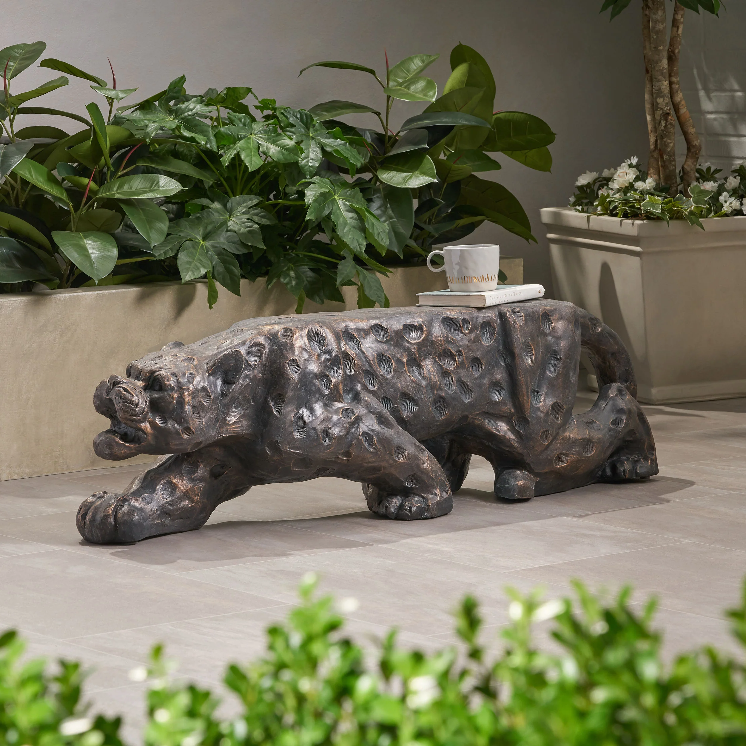 Emersyn Outdoor Leopard Shaped Concrete Bench, Antique Copper Finish - furnishings