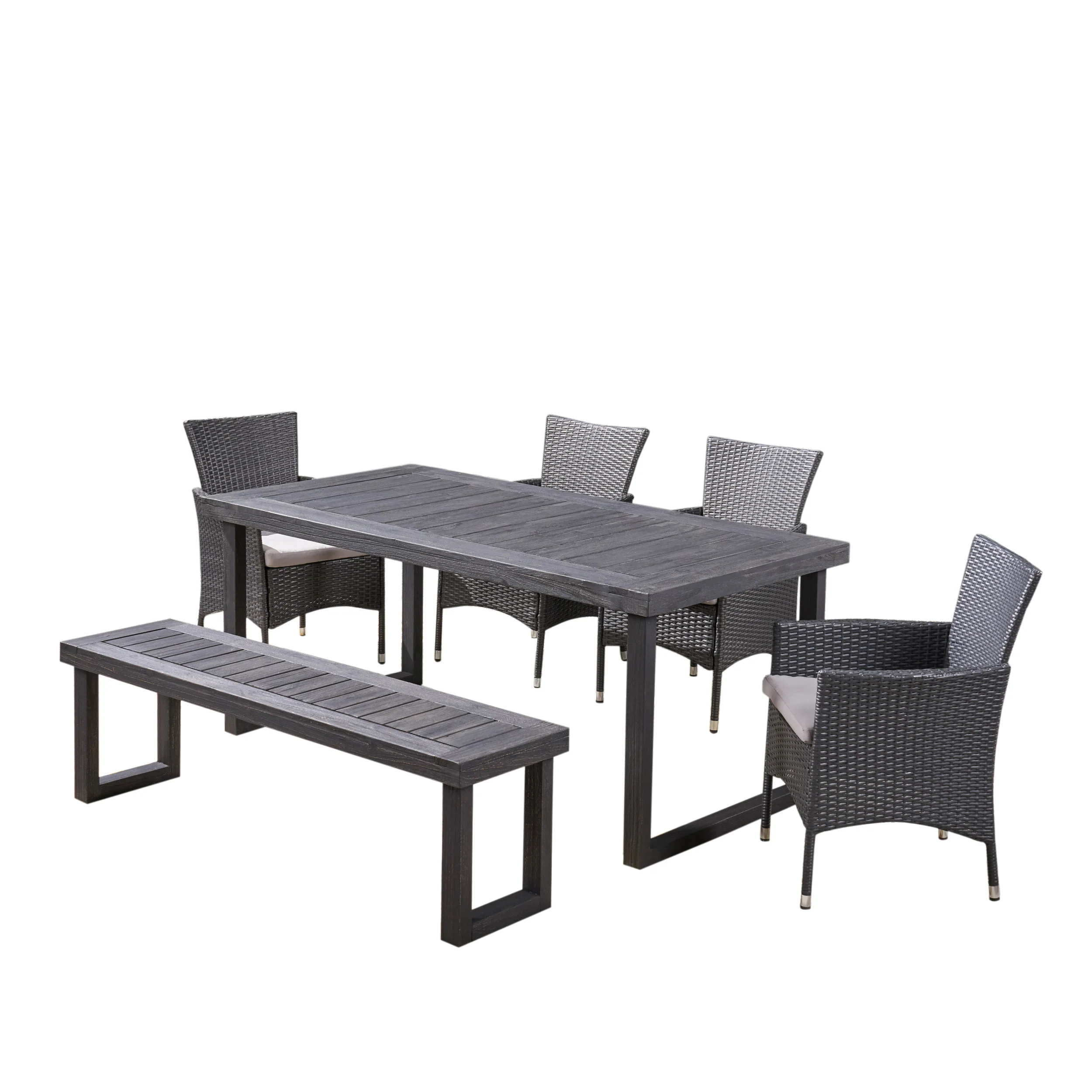 Agnes Outdoor 6-Seater Wood and Wicker Chair and Bench Dining Set - furnishings