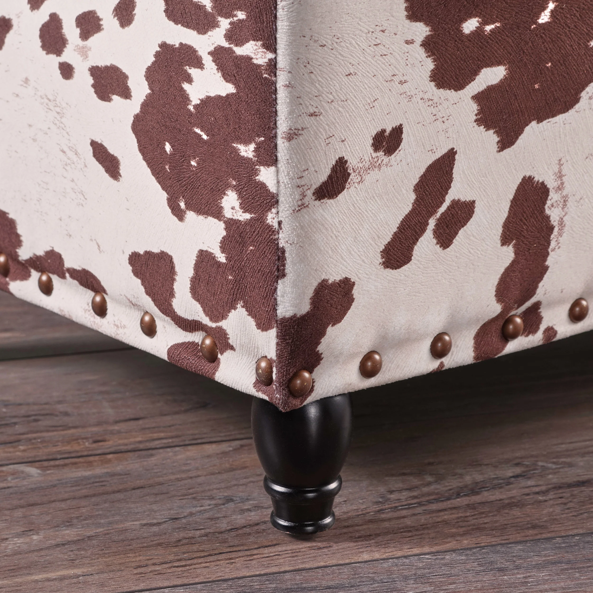 Tatiana Contemporary Velvet Storage Ottoman with Nailhead Trim, Milk Cow Pattern and Dark Brown - furnishings