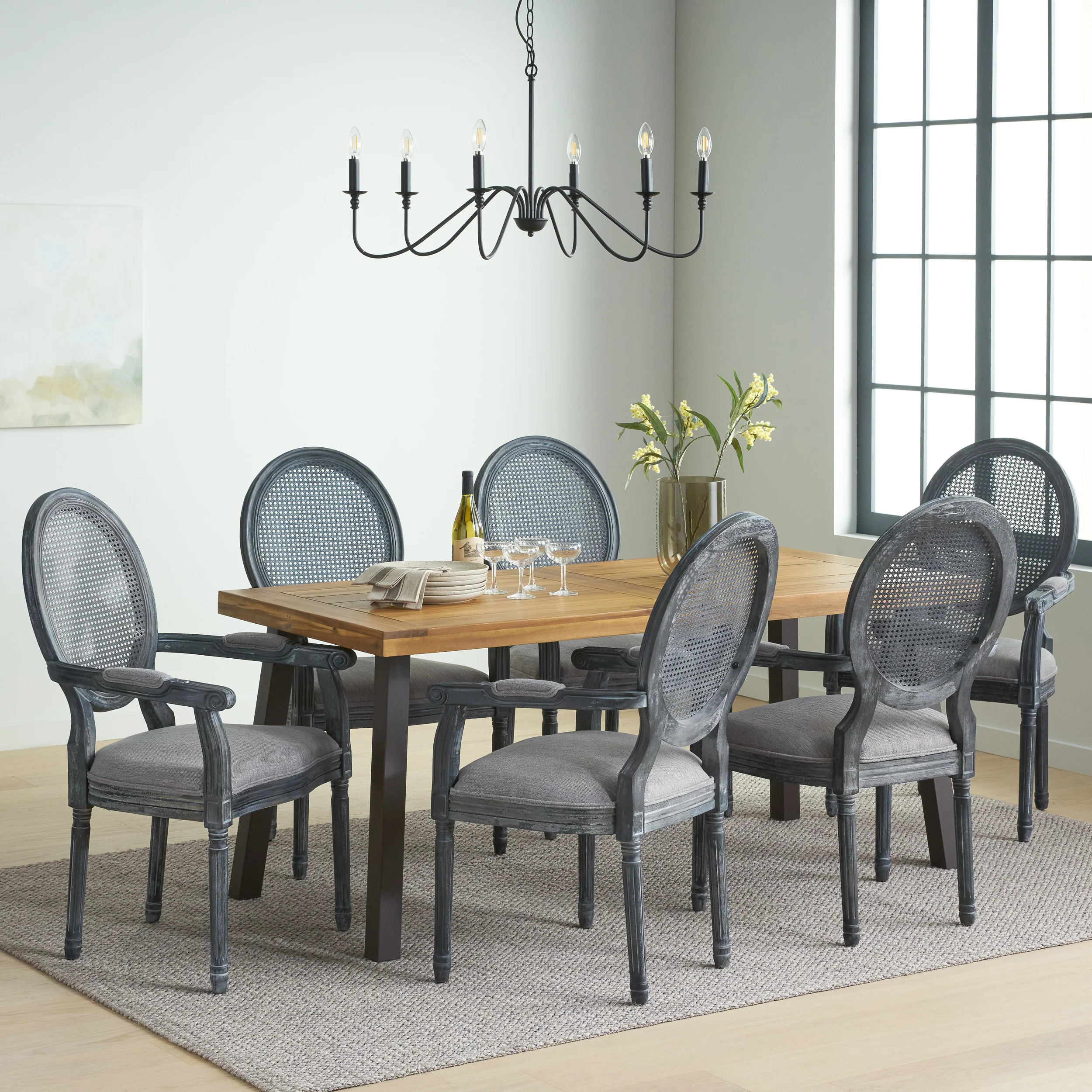 Trillium Farmhouse Fabric Upholstered Wood and Cane 7 Piece Dining Set, Natural, Rustic Metal, and Gray - furnishings
