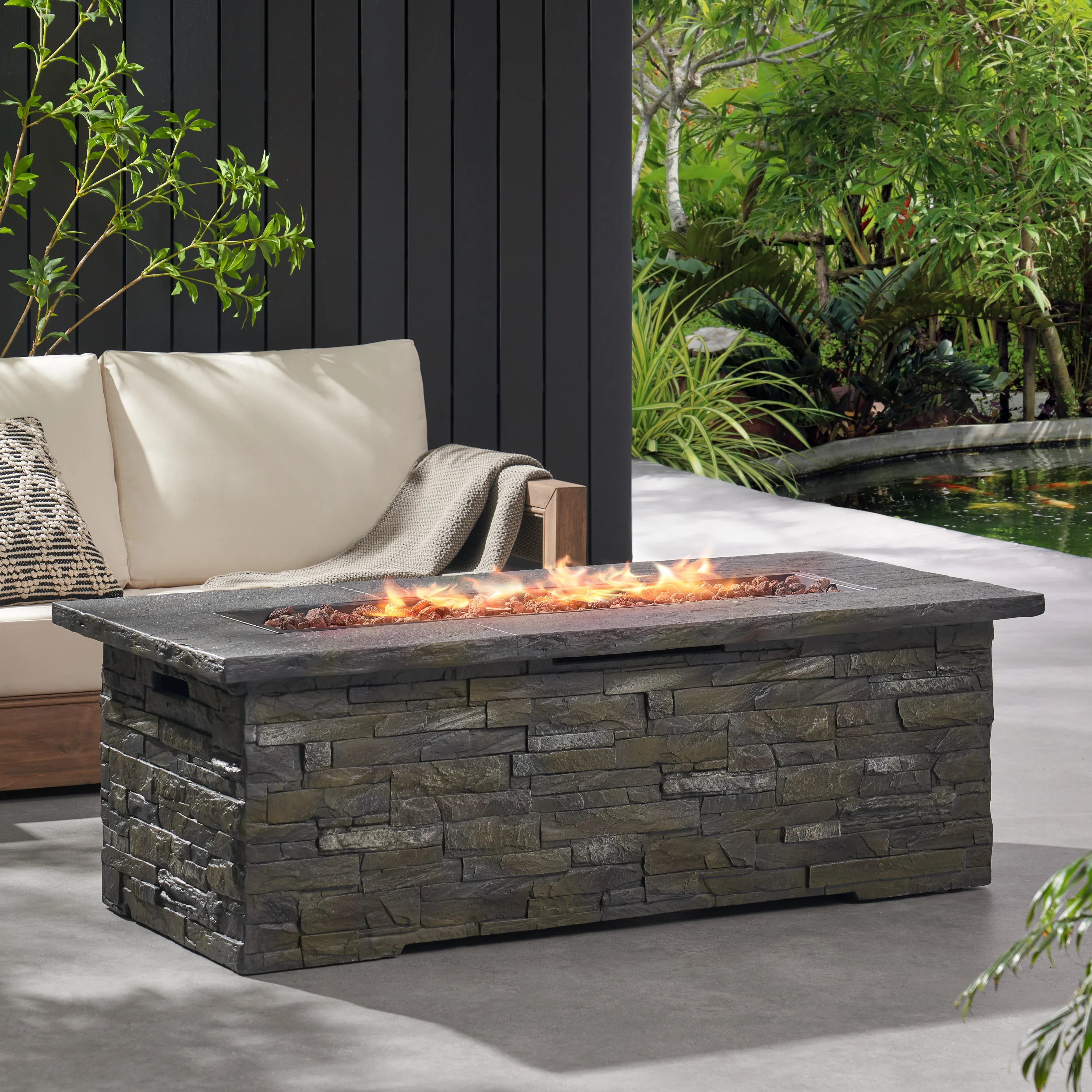 Dunnigan Outdoor 50,000 BTU Lightweight Concrete Rectangular Fire Pit (No Tank Holder), Natural Stone - furnishings