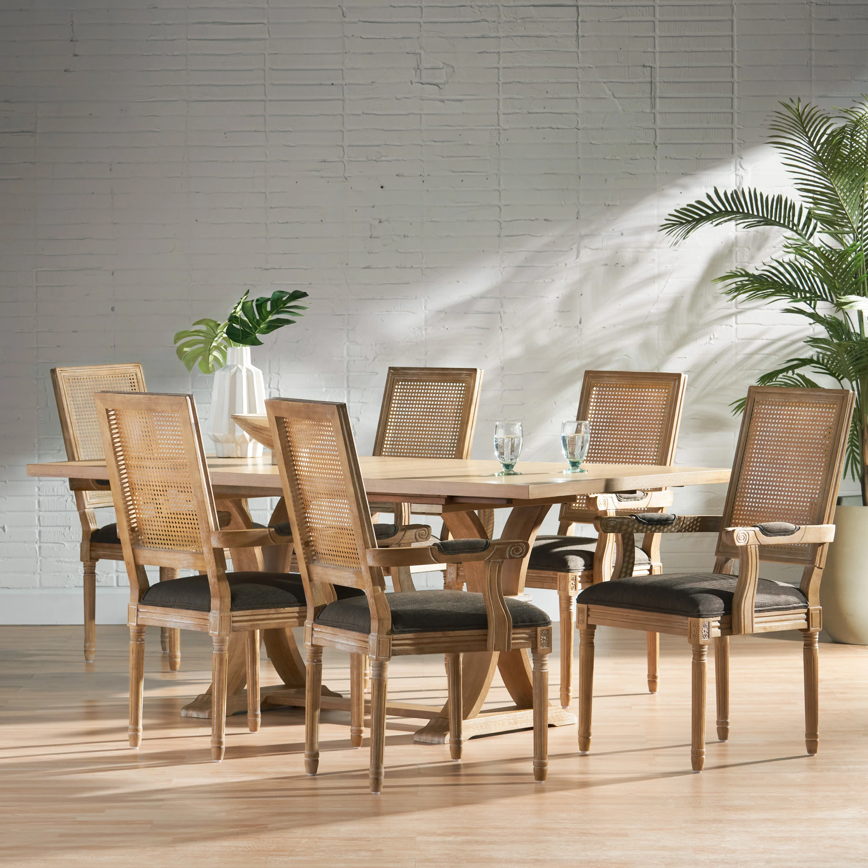 Zentner French Country Fabric Upholstered Wood and Cane 7 Piece Expandable Dining Set - furnishings