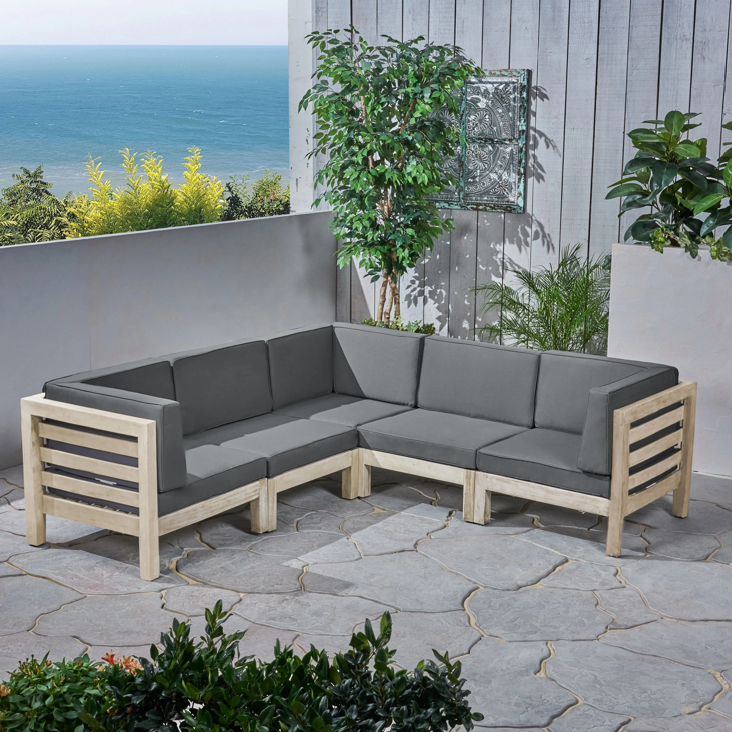 Cascada Outdoor Acacia Wood 5 Seater Sectional Sofa Set with Cushions - furnishings