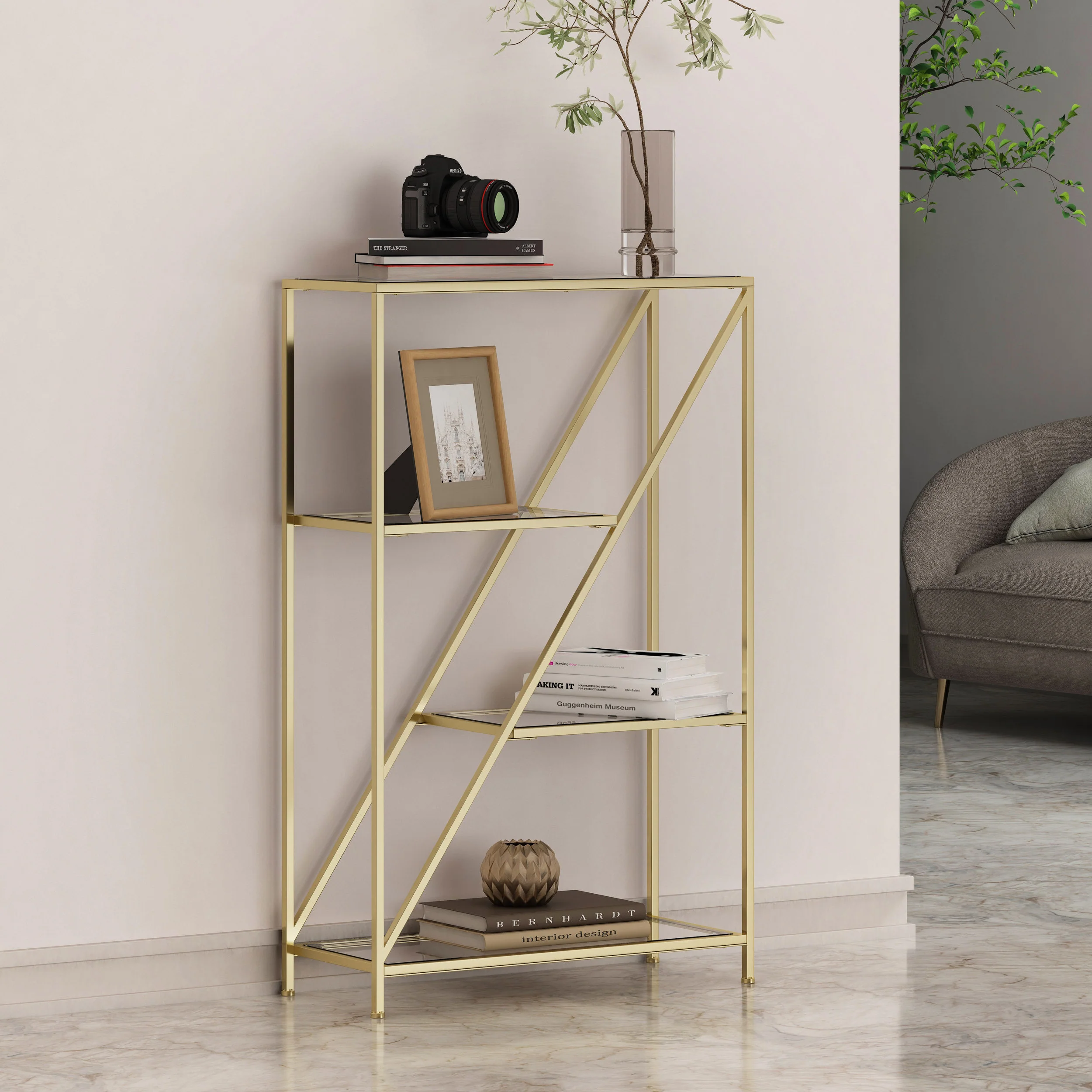 Wallner Modern Glam Tempered Glass 3 Shelf Asymmetrical Bookcase, Gold - furnishings