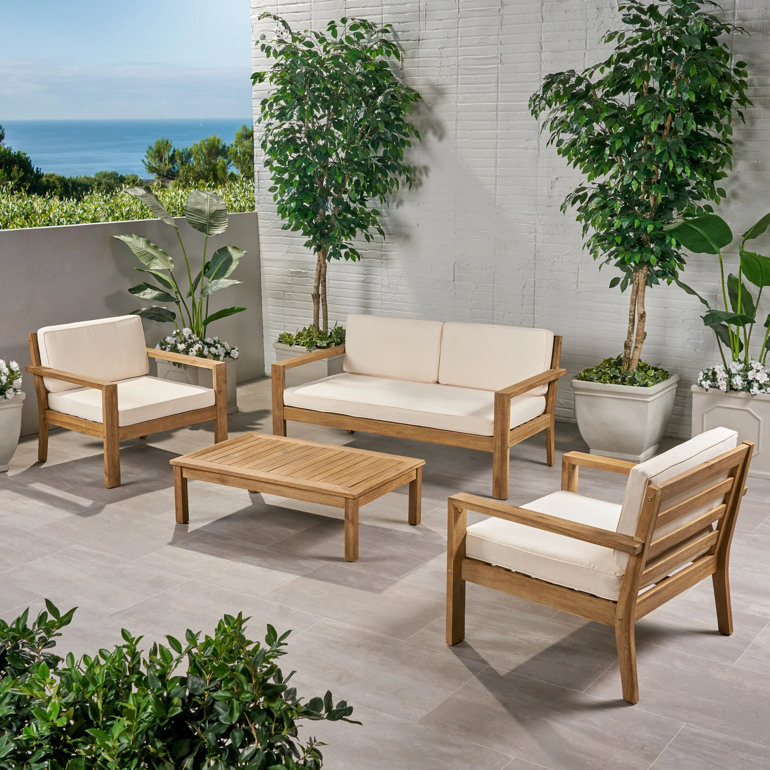 Iris Outdoor 4 Seater Acacia Wood Chat Set with Cushions - furnishings