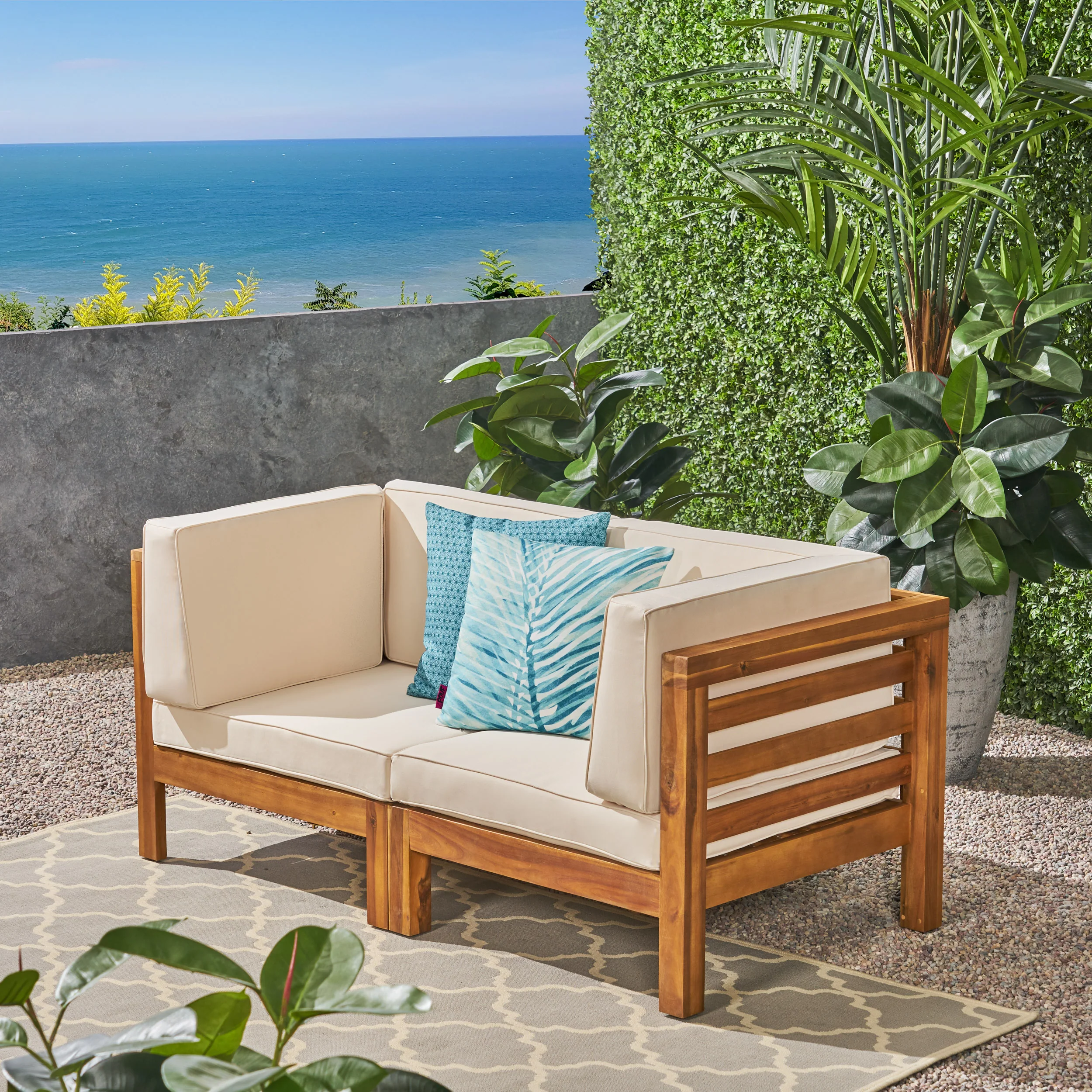 Dawson Outdoor 2-Seater Acacia Wood Sectional Loveseat Set with Cushions - furnishings