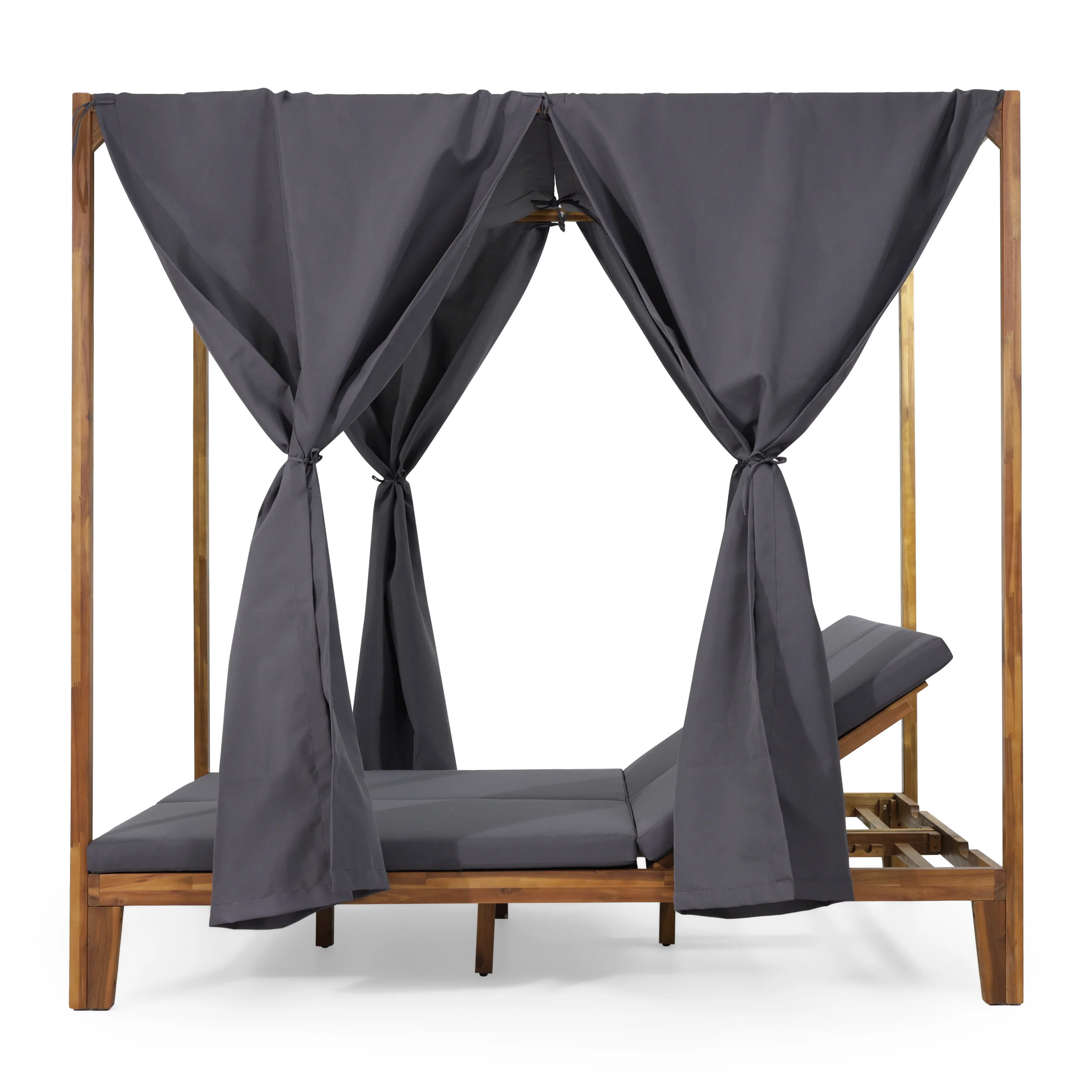 Leaverton Outdoor 2 Seater Adjustable Acacia Wood Daybed with Curtains - furnishings
