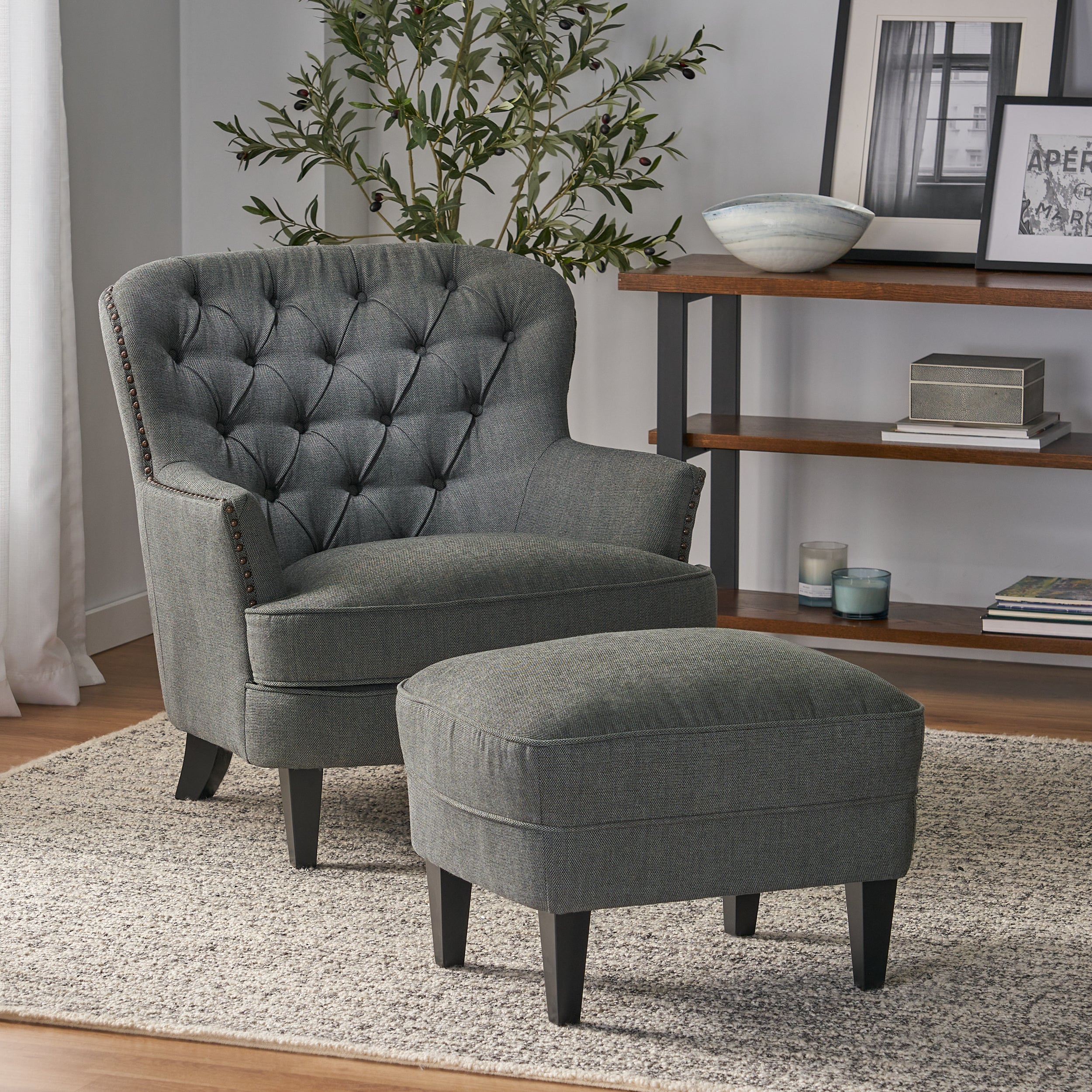 Teton Button Tufted Upholstered Club Chair With Footstool - furnishings