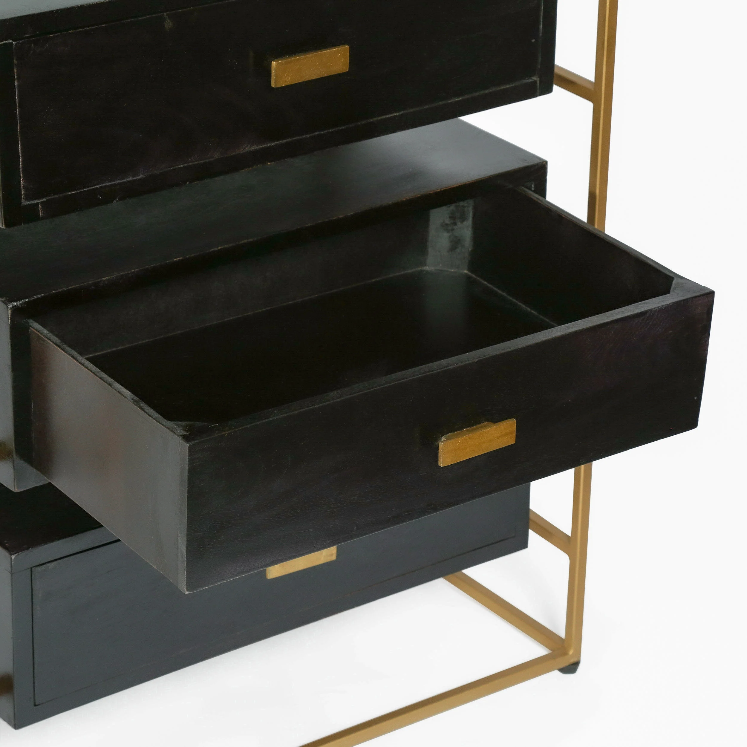 Sonne Modern Handcrafted 3 Drawer Glass Top Nightstand, Black and Brass - furnishings