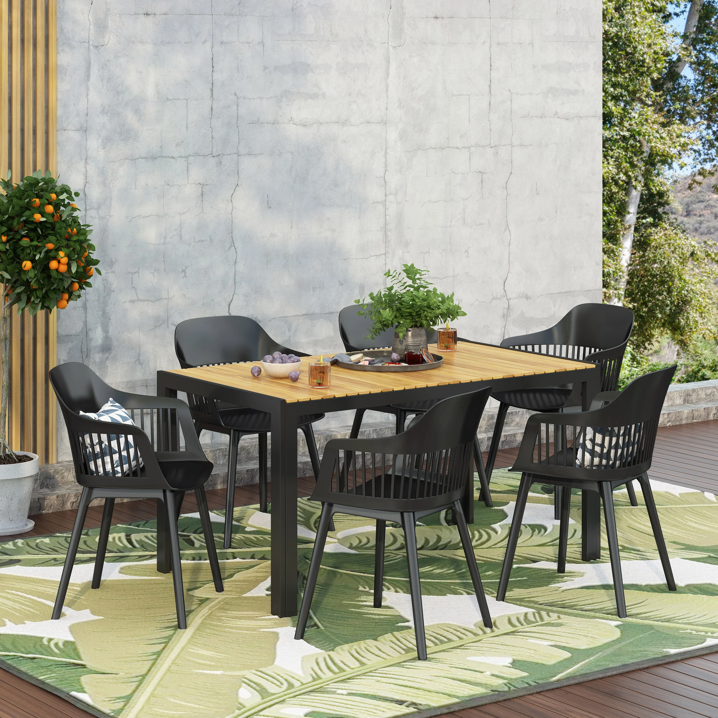 Palmilla Outdoor Wood and Resin 7 Piece Dining Set, Black and Teak - furnishings