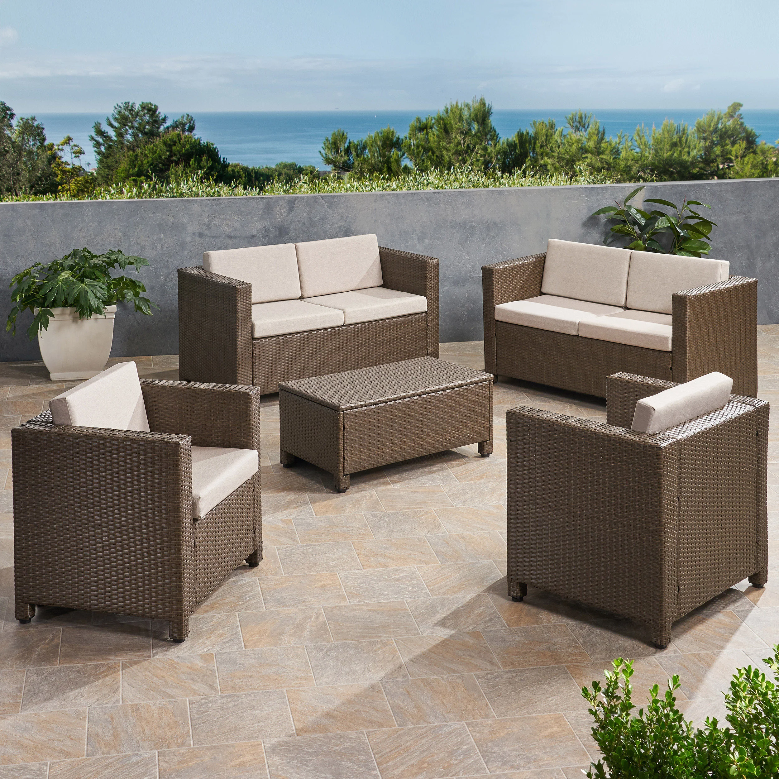 Venice 6-Seater Outdoor Brown PE Wicker Sofa Set with Coffee Table - furnishings
