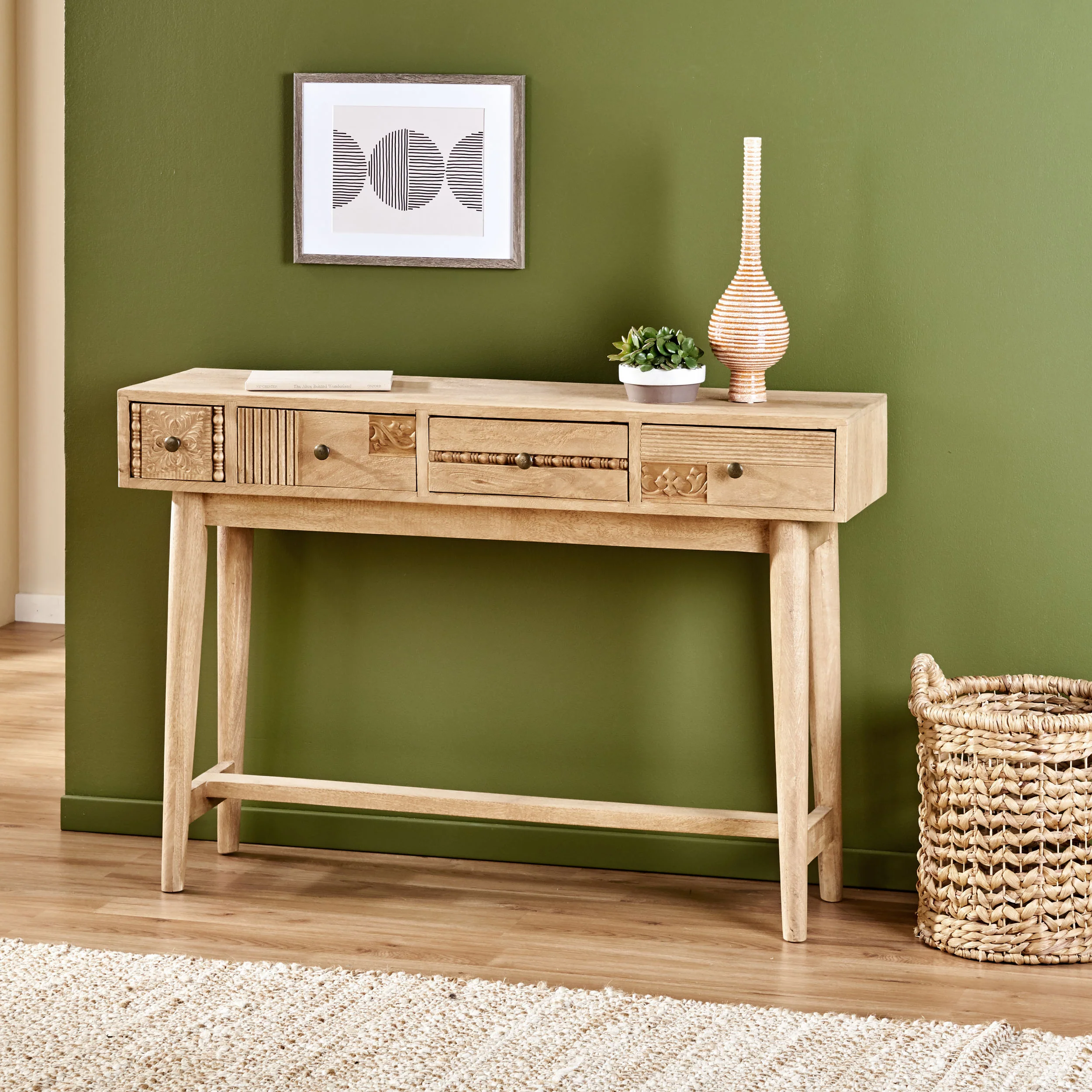 Lithonia Warthen Boho Handcrafted 4 Drawer Console Table, Natural - furnishings