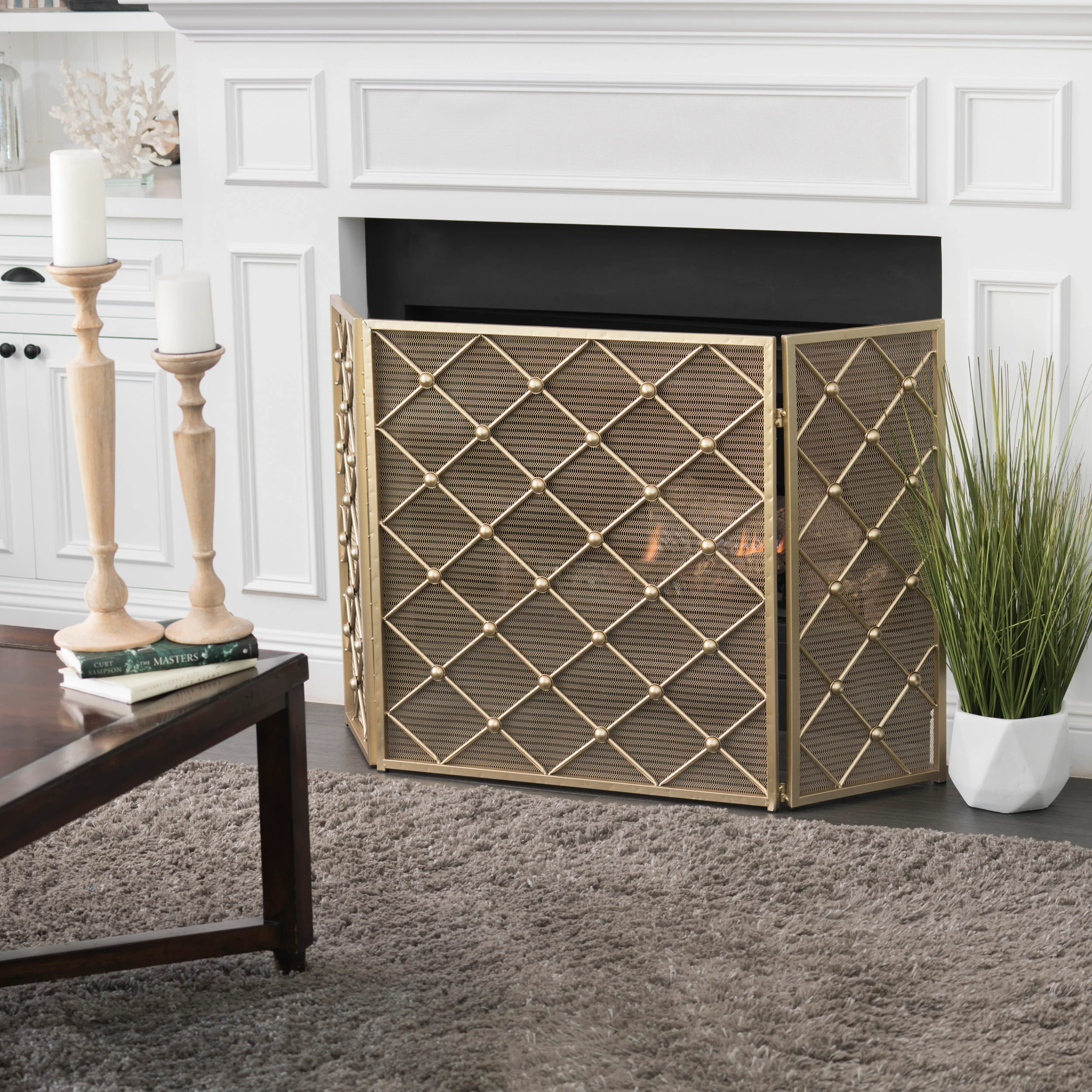 Chamberlain Modern 3-Panel Diamond Pattern Iron Fireplace Screen - furnishings