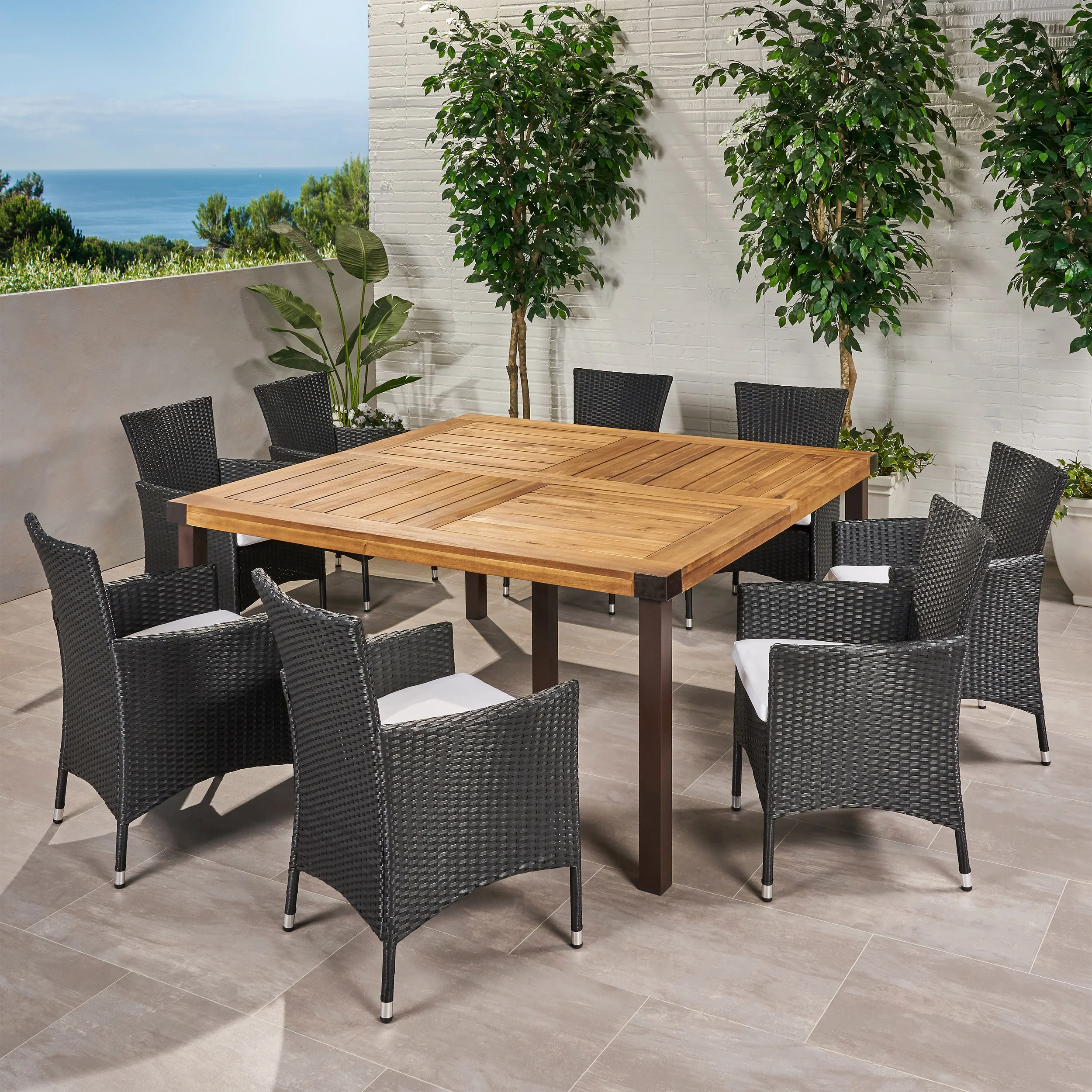 Pharrah Outdoor 8 Seater Acacia Wood and Wicker Dining Set with Cushions - furnishings