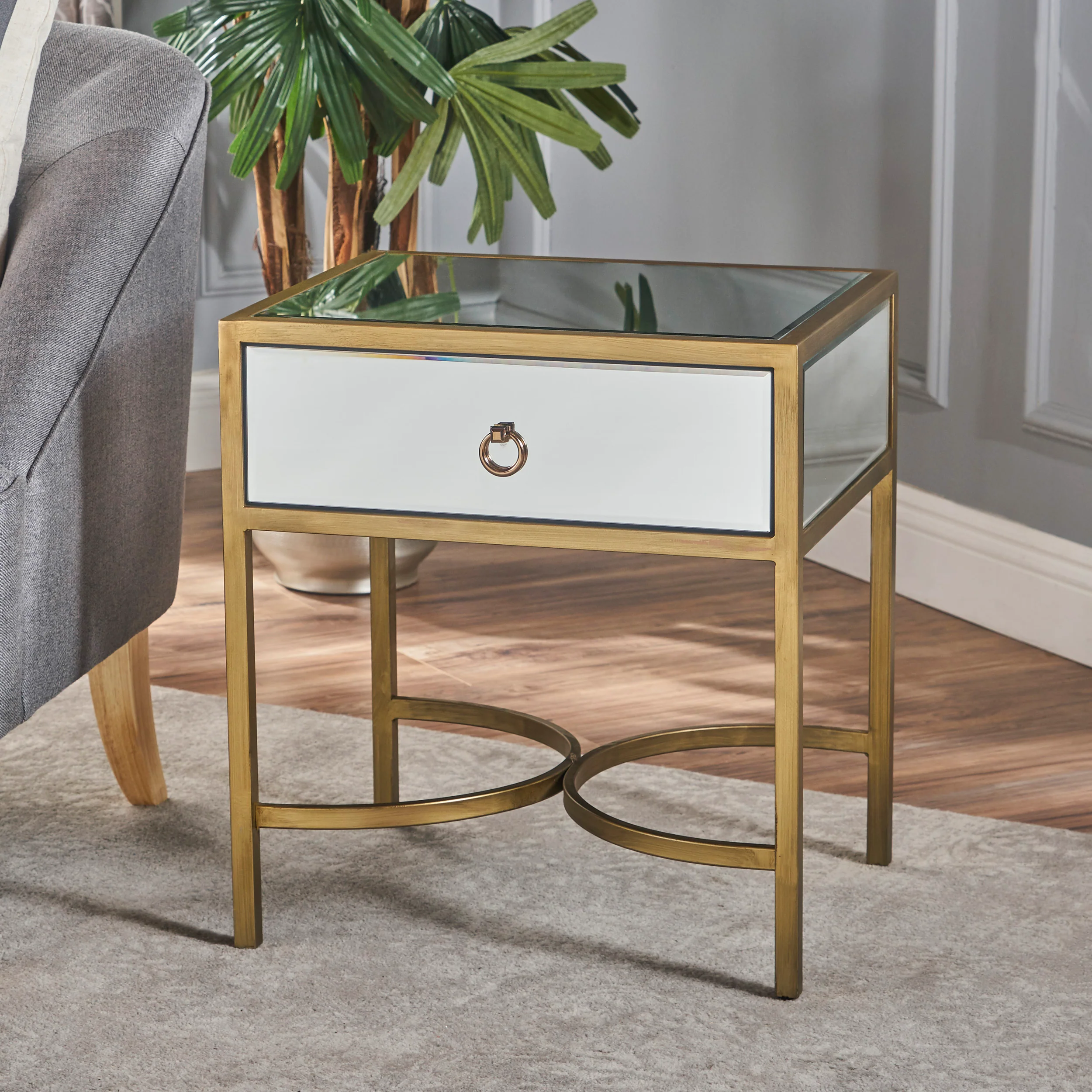 Siryen Modern Mirror Finished Side Table with Gold Iron Accents - furnishings