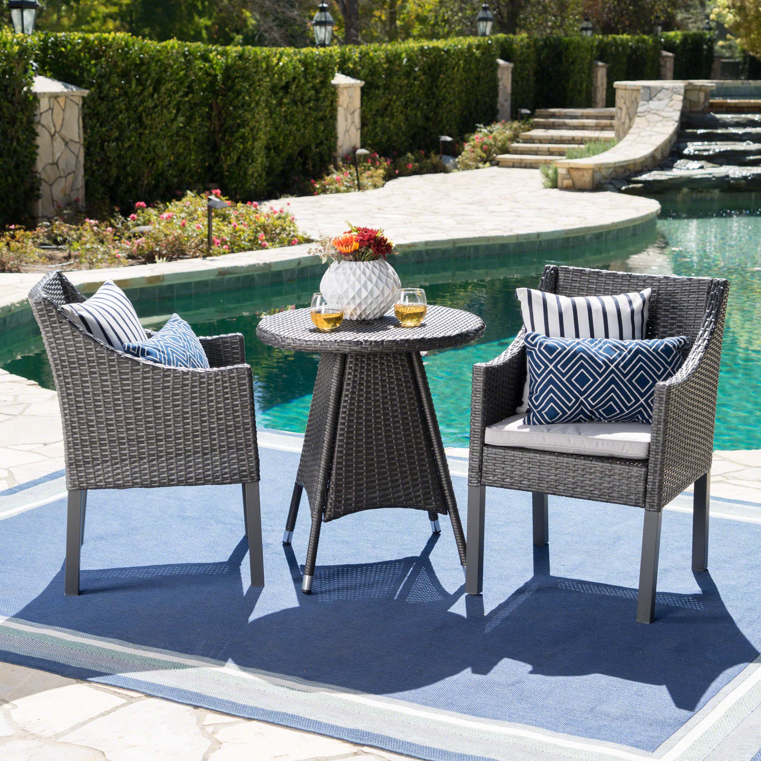 Frances Outdoor 3 Piece Wicker Dining Set with Water Resistant Cushions - furnishings