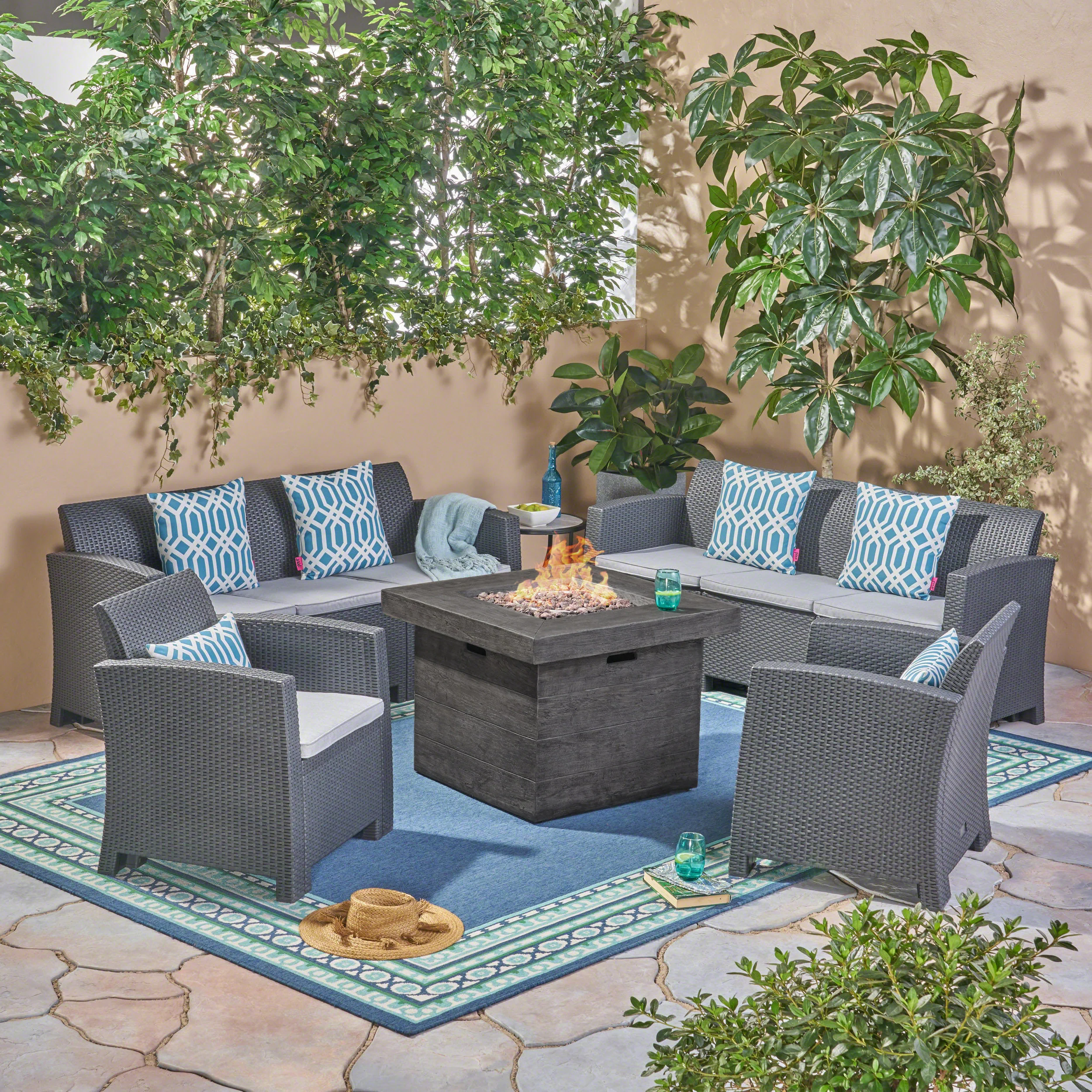 Irwin Outdoor 8-Seater Wicker Print Chat Set with Fire Pit - furnishings