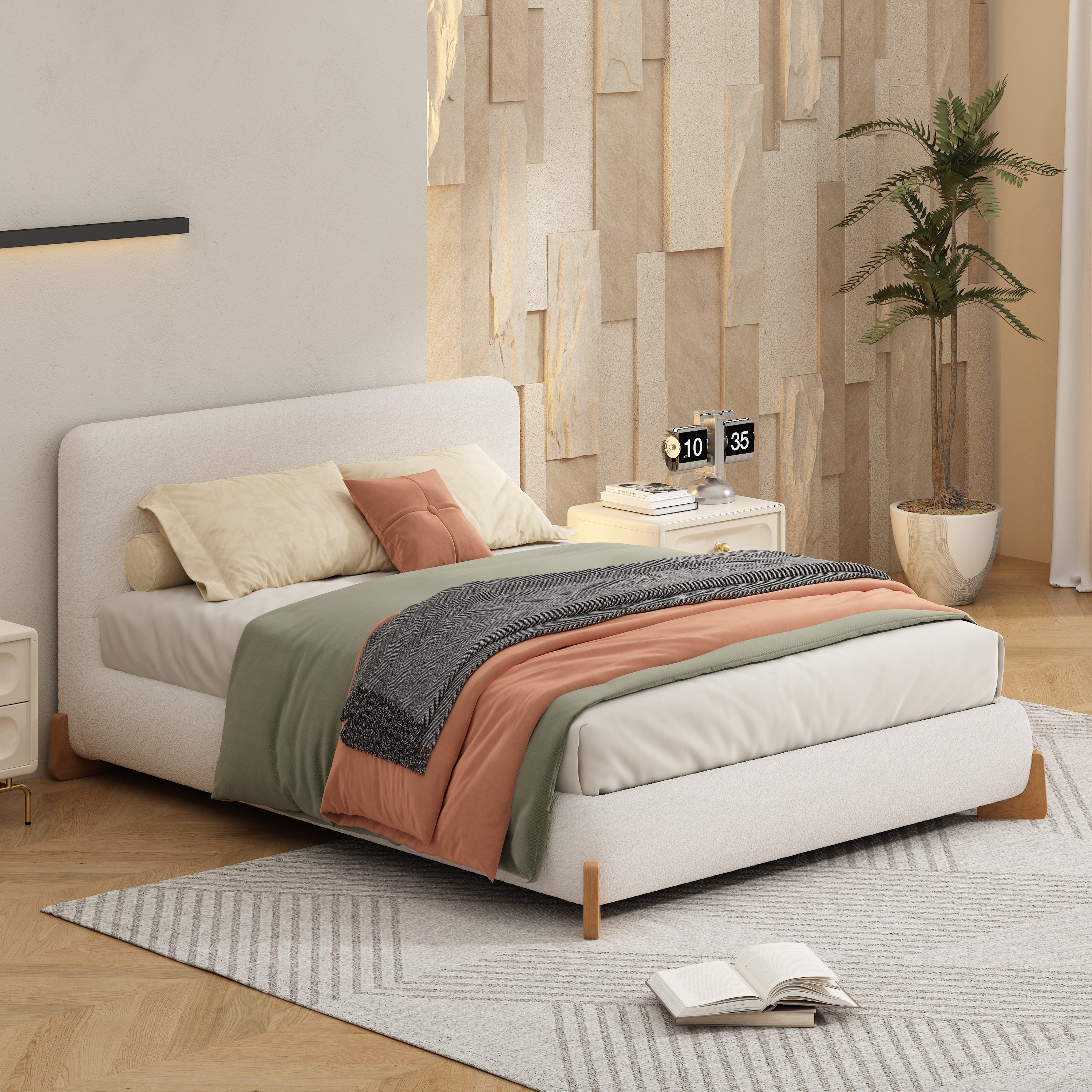 Eryndor Modern Upholstered Boucle Platform Bed with Headboard, Wood - furnishings