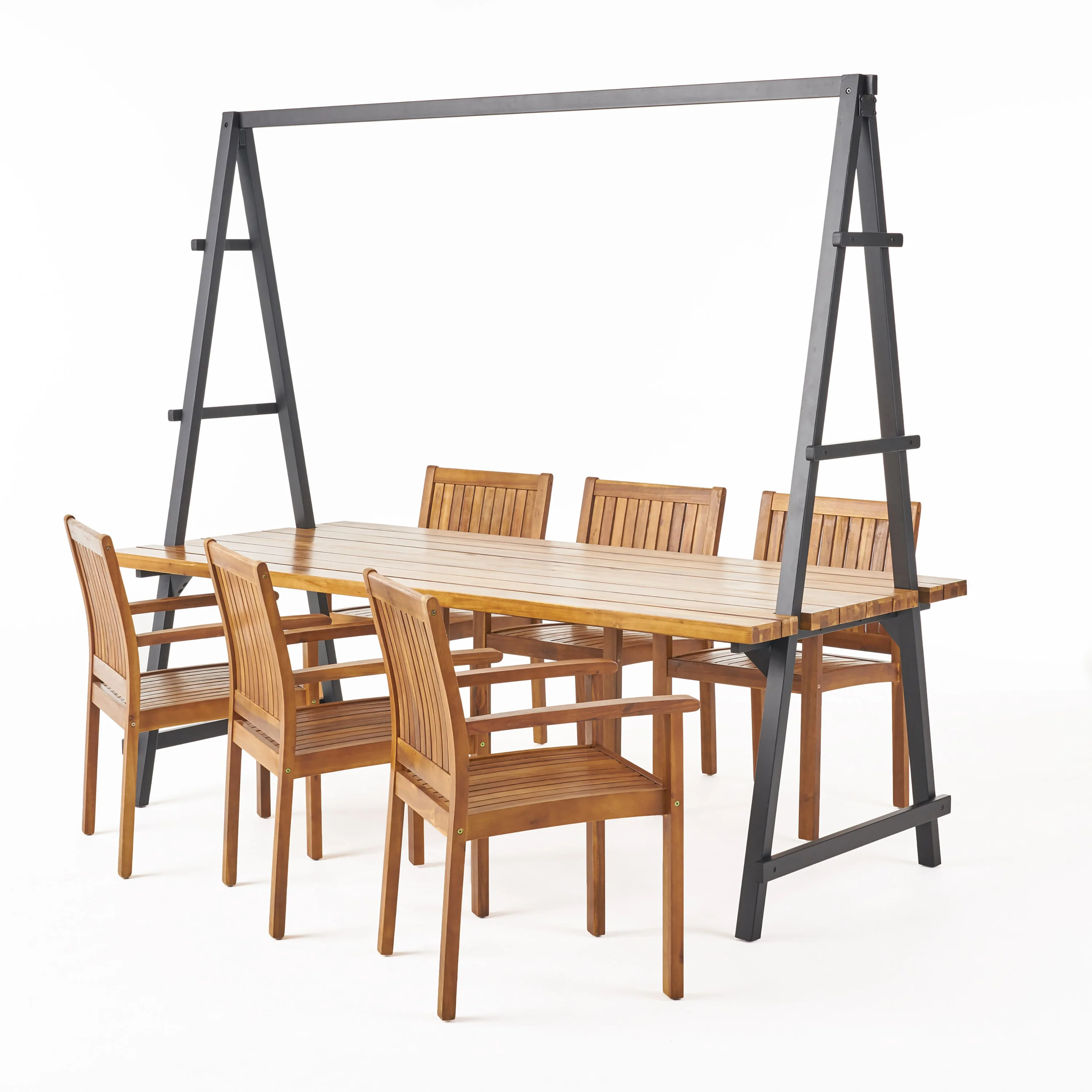 Brora Outdoor 6 Seater Acacia Wood and Iron Planter Dining Set - furnishings