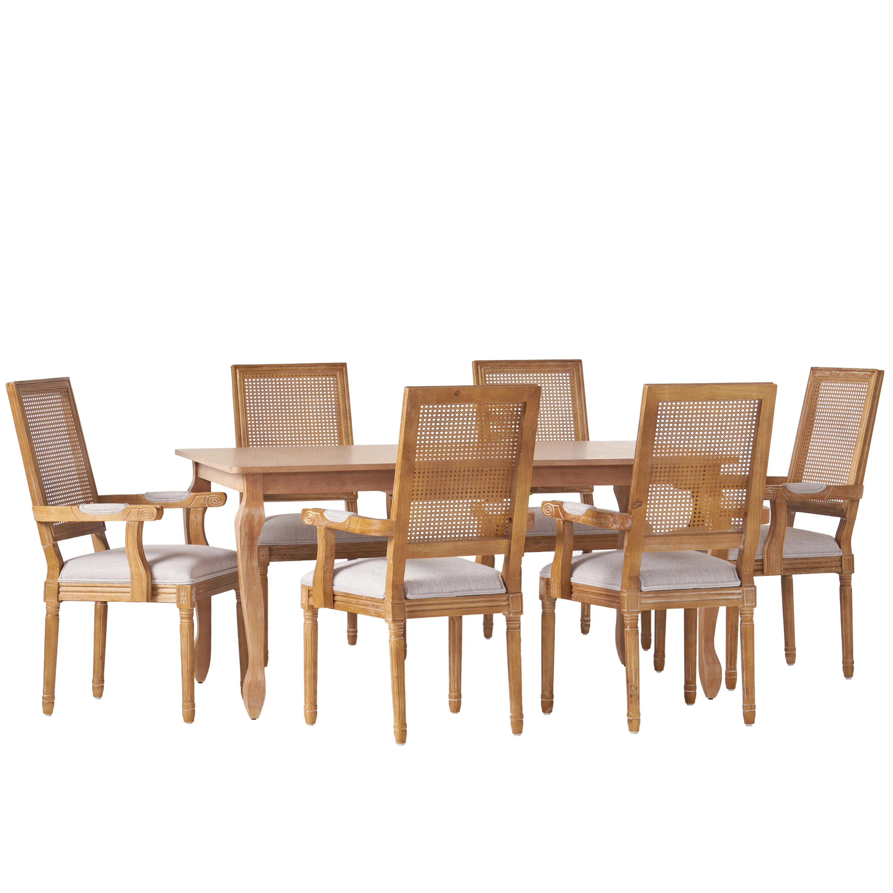 Regan French Country Fabric Upholstered Wood and Cane Expandable 7 Piece Dining Set - furnishings