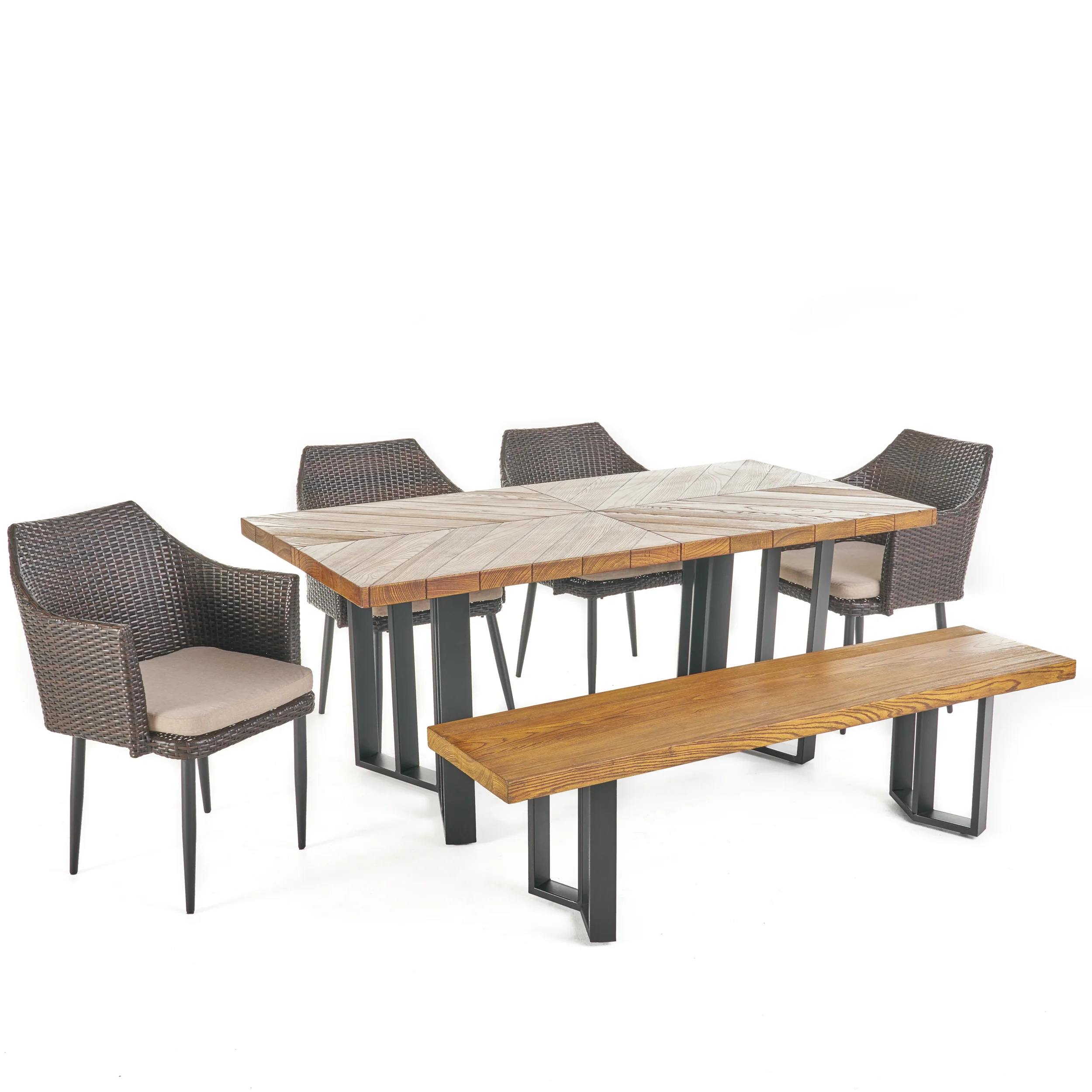 Tammy Outdoor 6 Piece Wicker Dining Set with Concrete Dining Table and Bench - furnishings