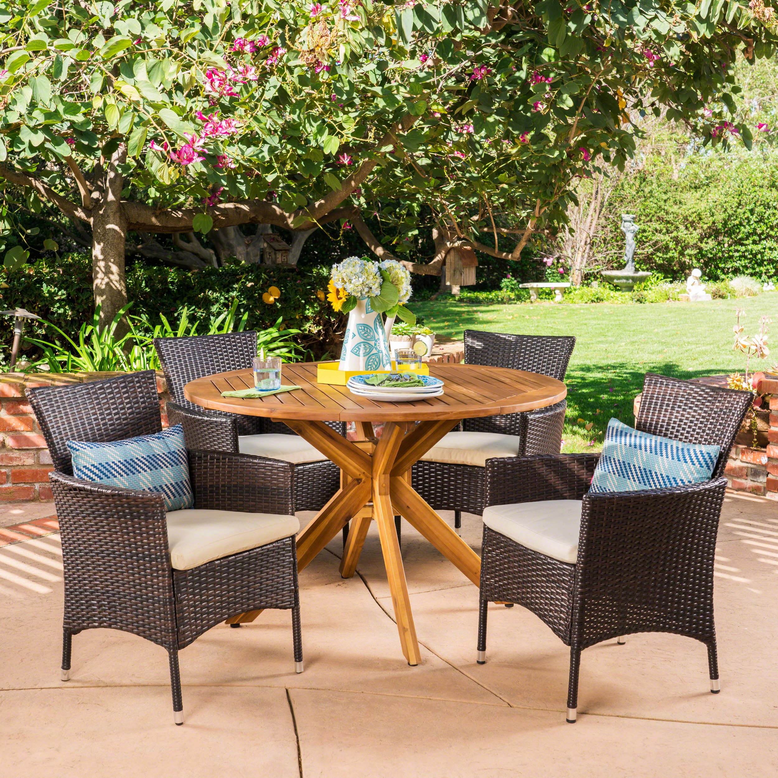 Jacob Outdoor 5 Piece Multibrown Wicker Dining Set with Teak Finish Circular Acacia Wood Dining Table and Beige Water Resistant Cushions - furnishings