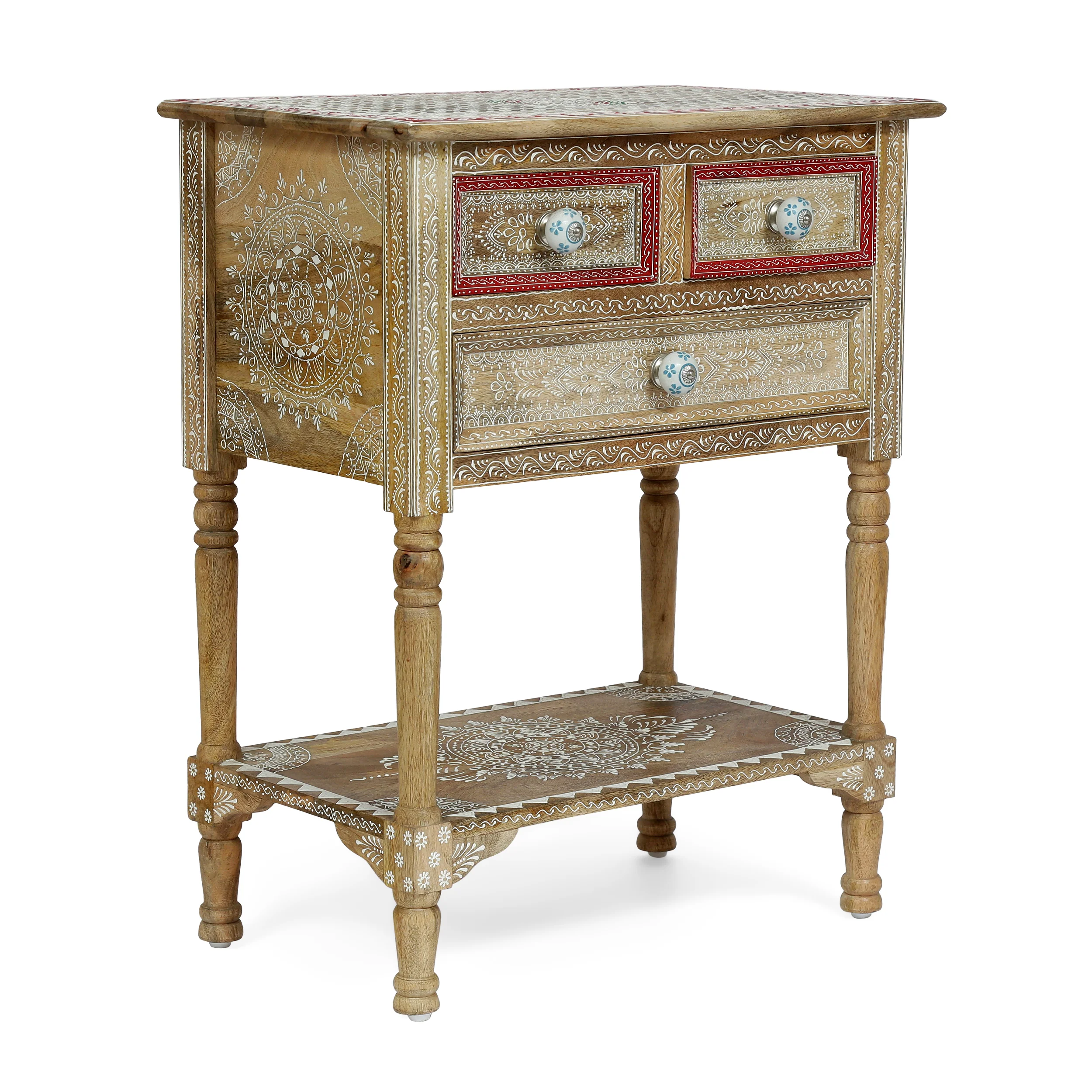 Leverick Handcrafted Boho 3 Drawer Mango Wood End Table - furnishings