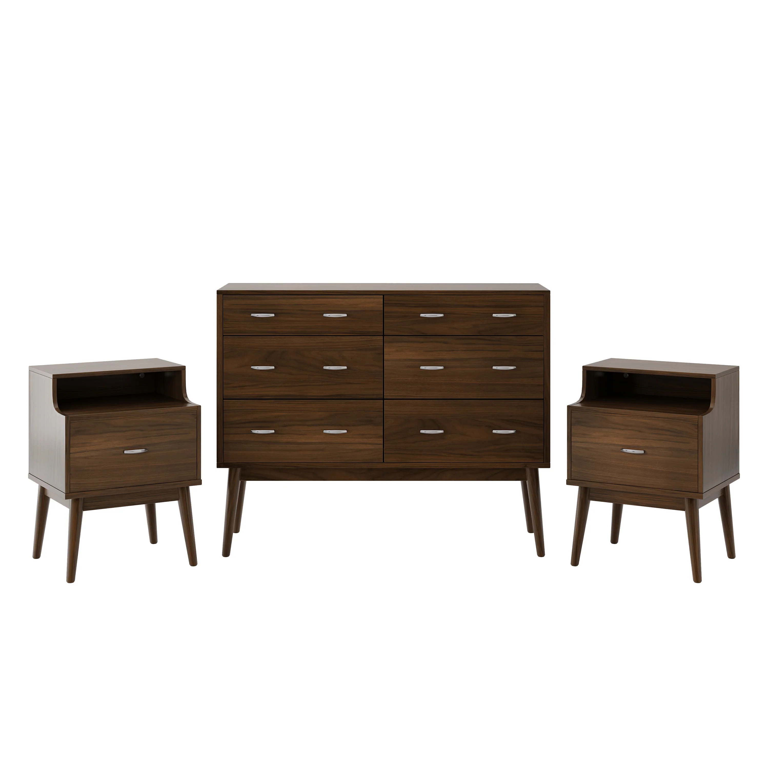 Wilbur Mid Century Wooden 3 Piece Double Dresser and Nightstand Bedroom Set - furnishings