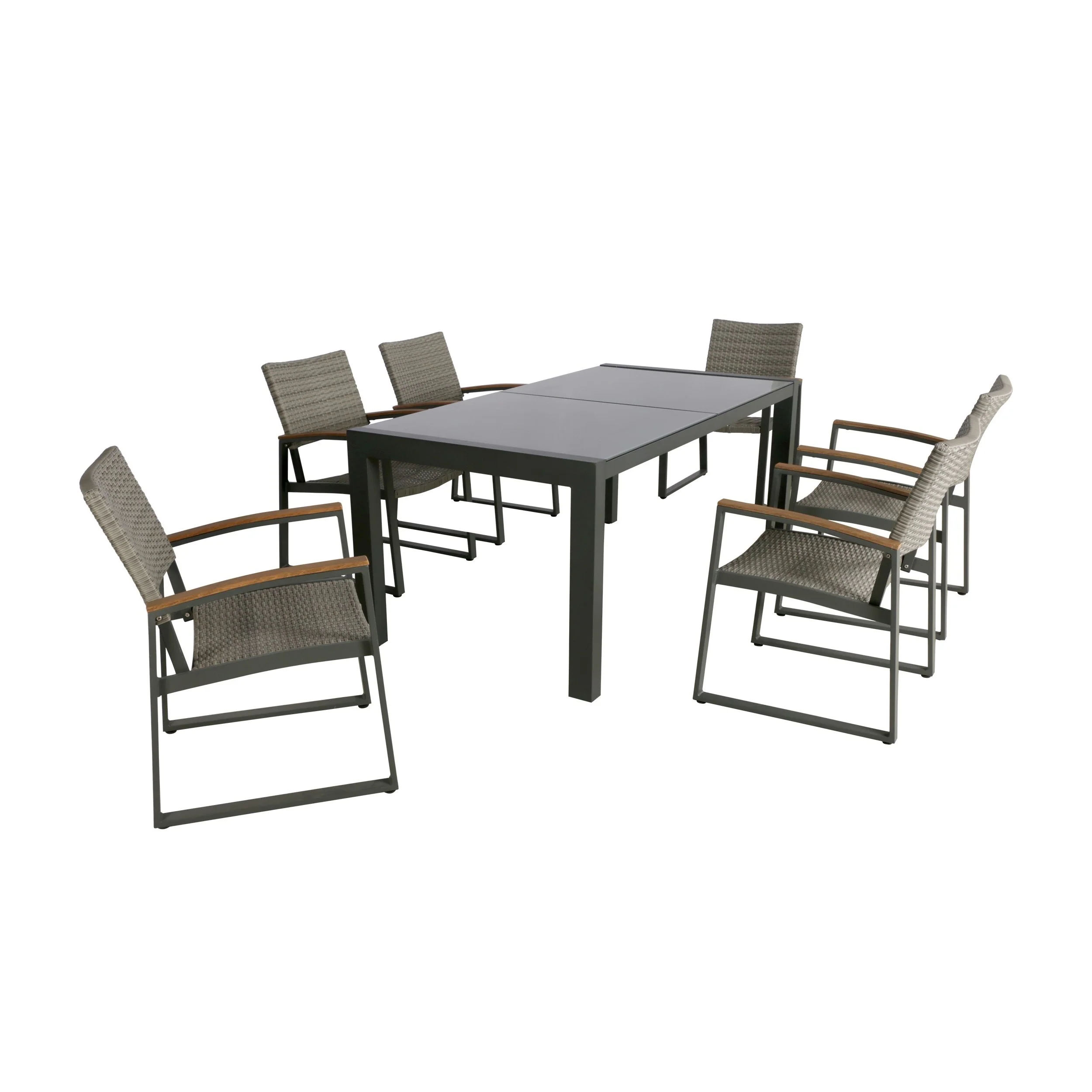 Teina Outdoor Aluminum and Wicker 7 Piece Dining Set with Glass Table Top, Gray and Gray - furnishings
