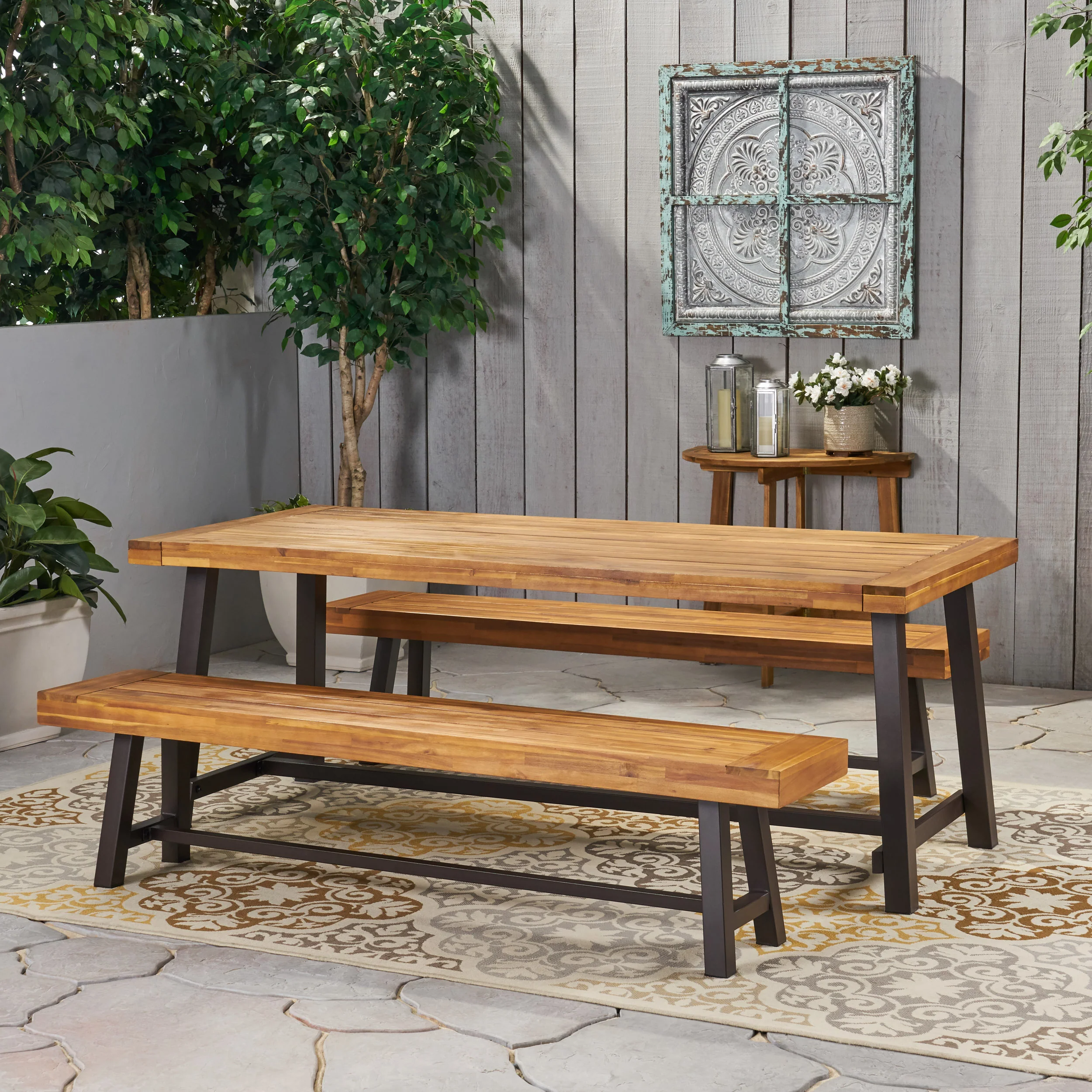 Bowman Farmhouse Outdoor Acacia Wood Picnic Dining Set - furnishings