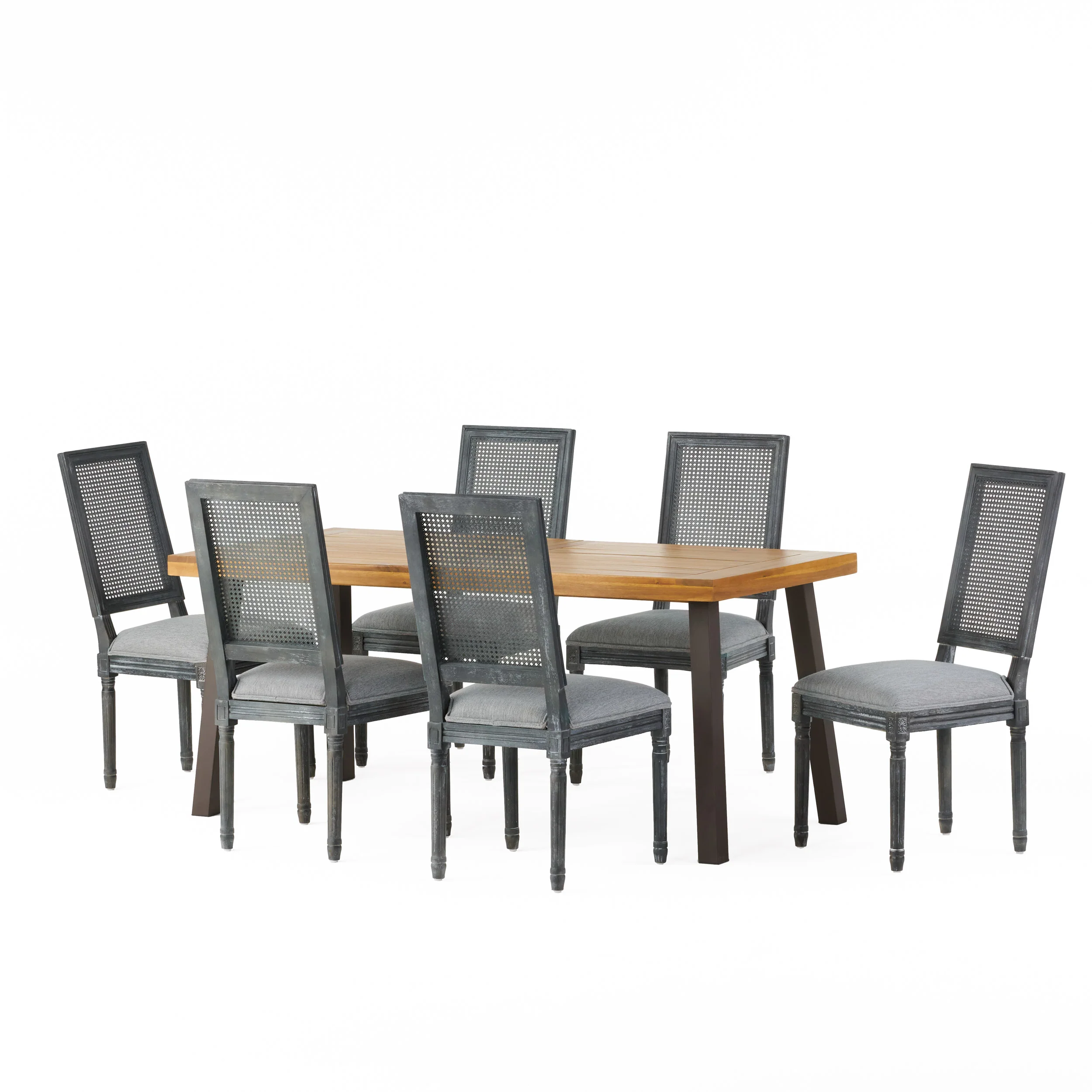 Whitten Farmhouse Fabric Upholstered Wood and Cane 7 Piece Dining Set - furnishings