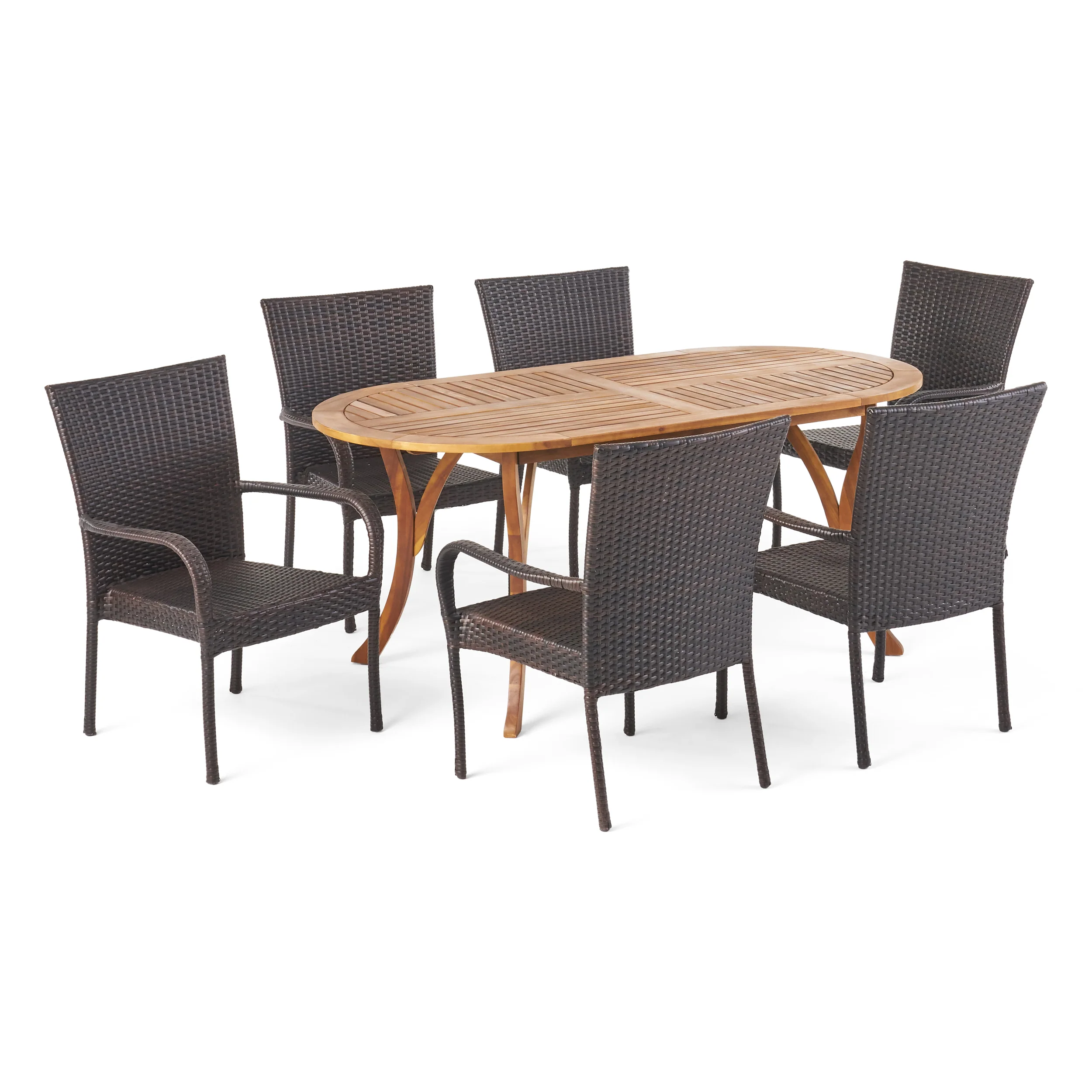 Fannie Outdoor 7 Piece Acacia Wood and Wicker Dining Set, Teak with Multi Brown Chairs - furnishings